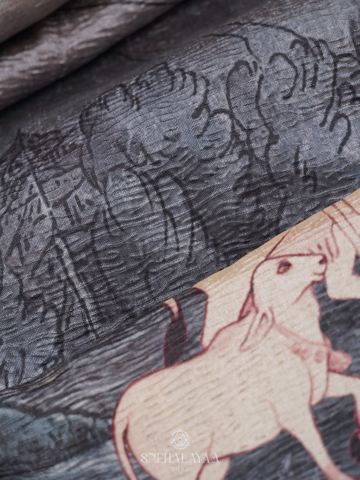 Grey Pichwai Printed Tussar Saree