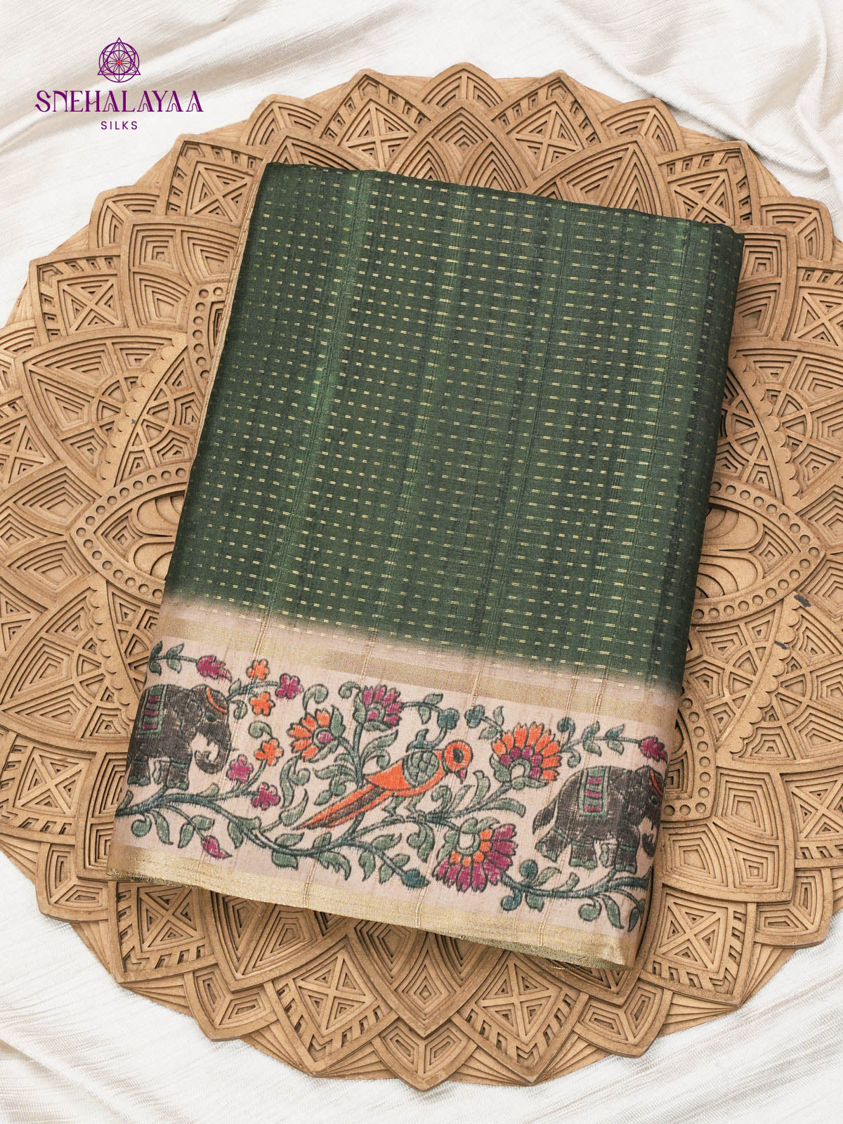 Pastel Green Floral Printed Tussar Saree