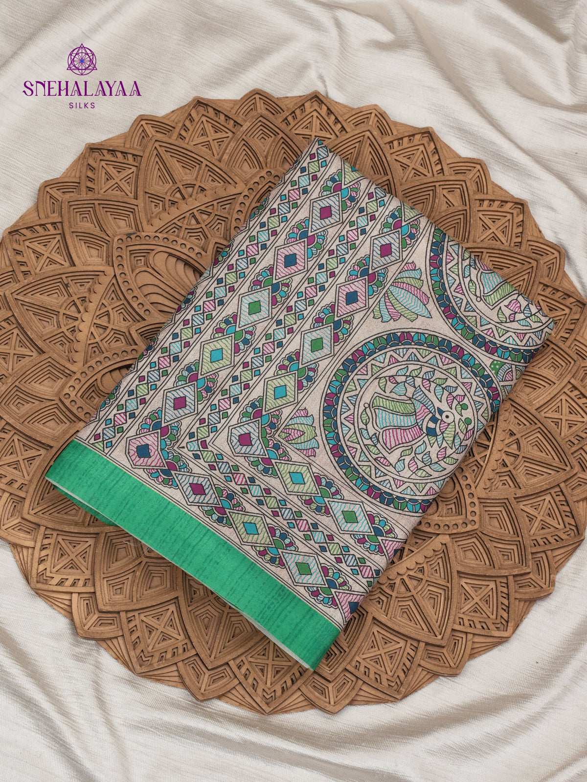 Beige with Green Border Madhubani Saree