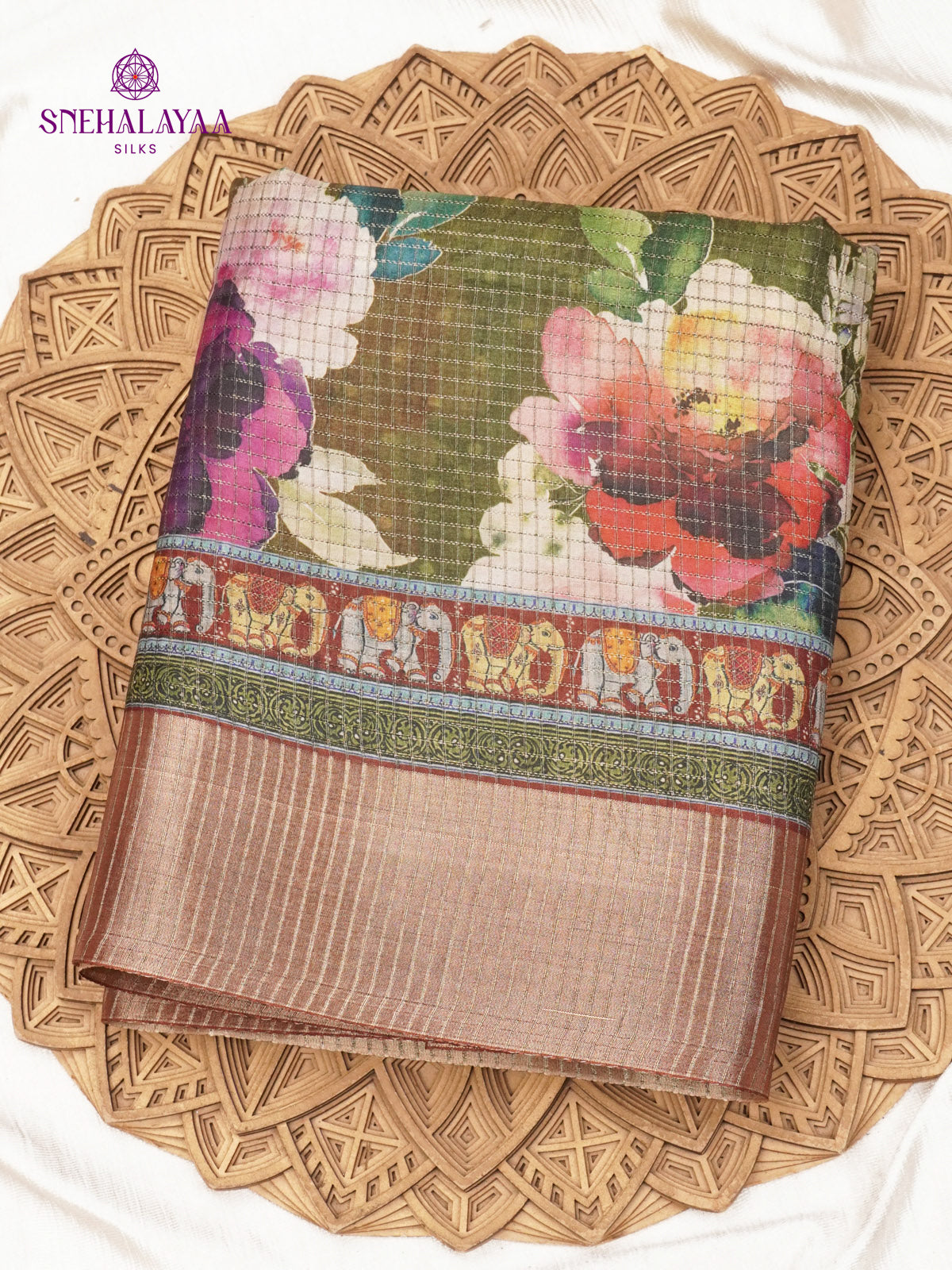 Olive Green Floral Printed Tussar Saree