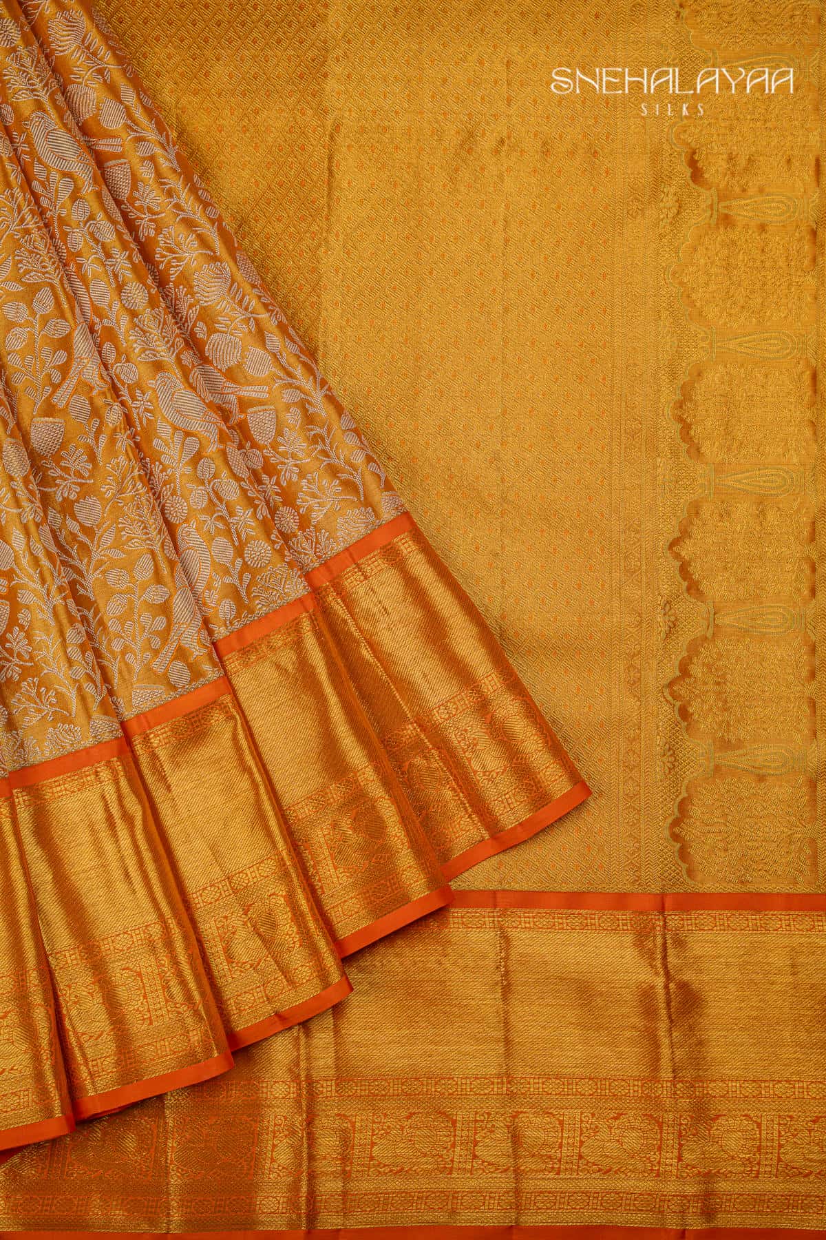 Gold and Orange Kancheevaram Wedding Silk Saree