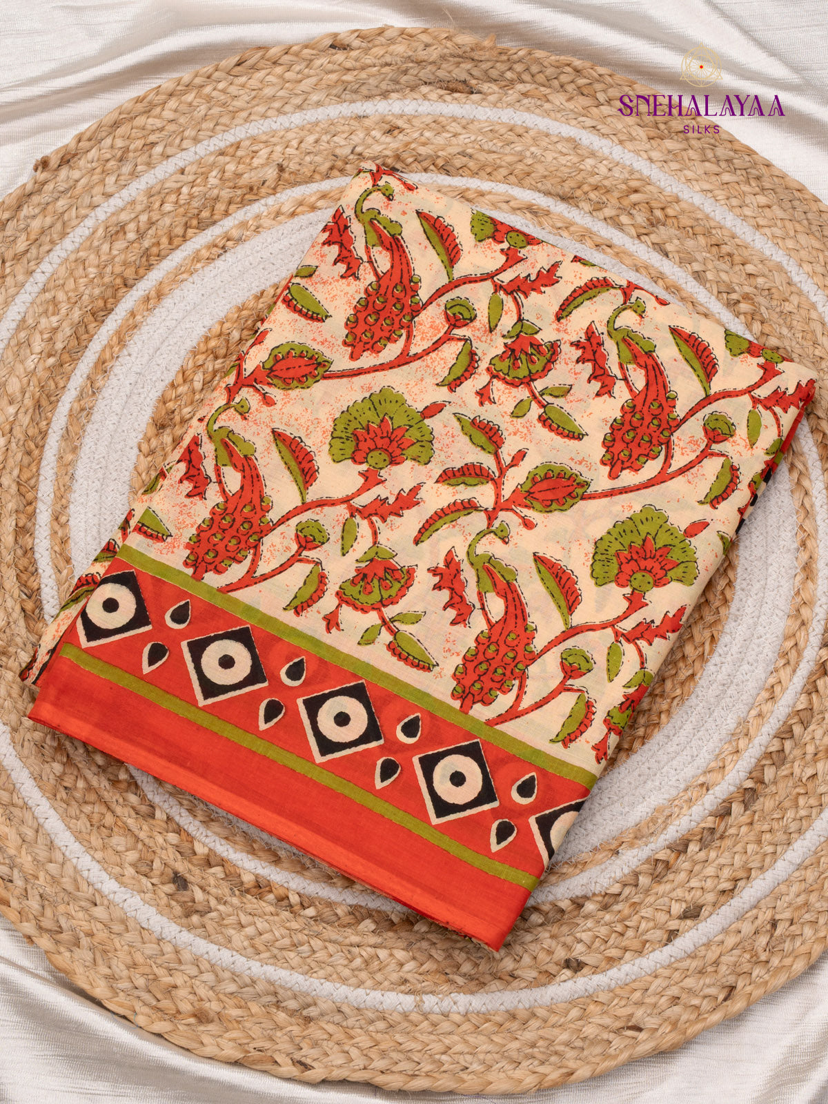 Cream Jaipur Cotton Saree