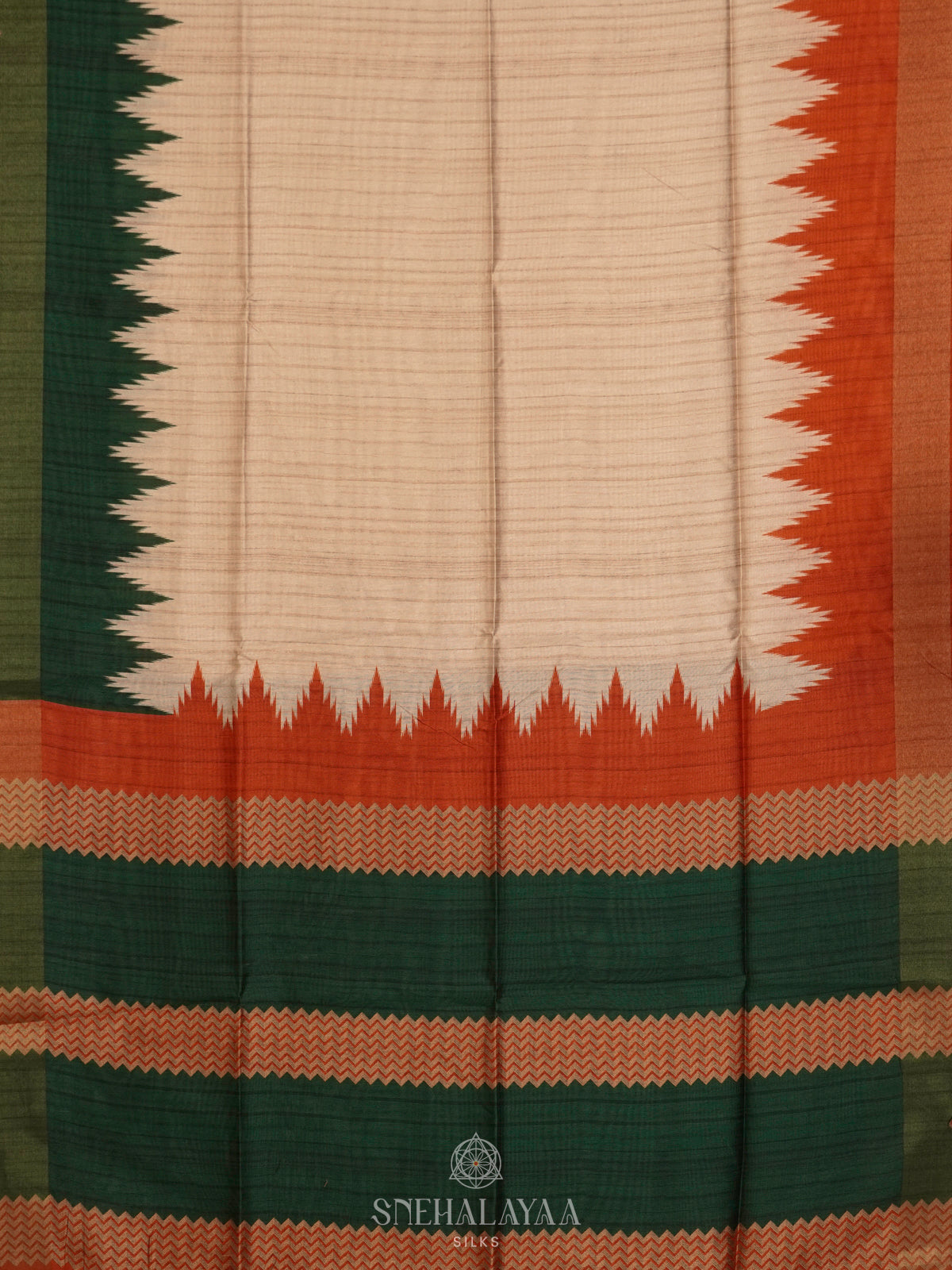Beige With Green Border Tussar Saree