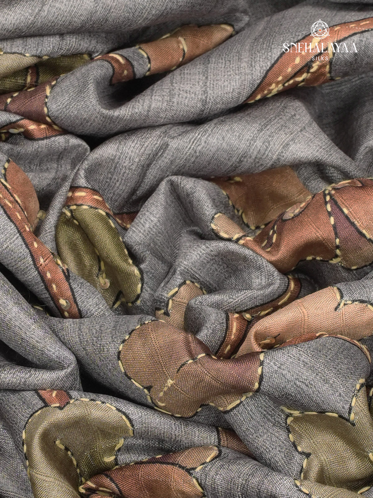 Grey Tussar Embroidery Saree