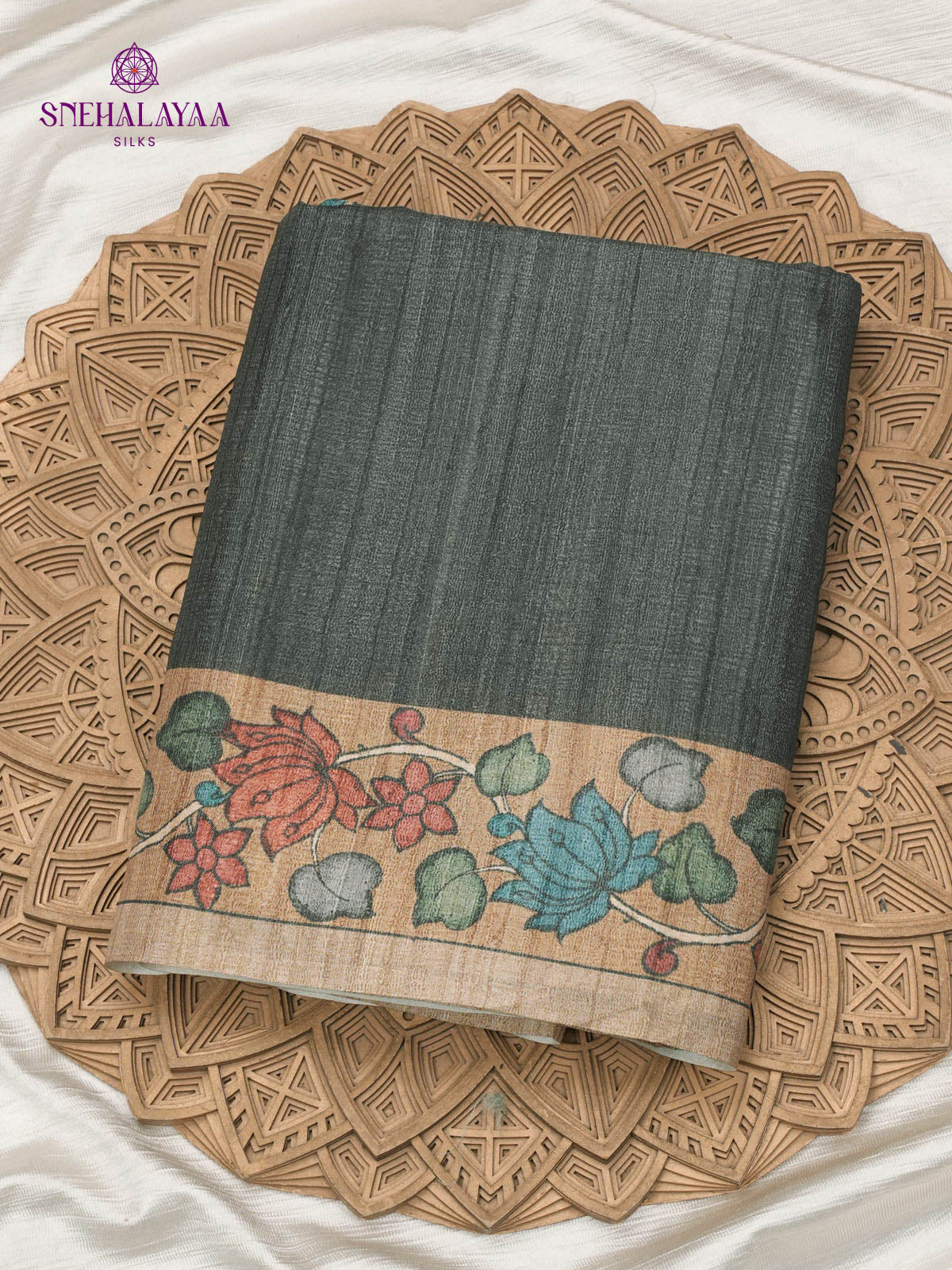 Charcoal Black Floral Printed Tussar Saree