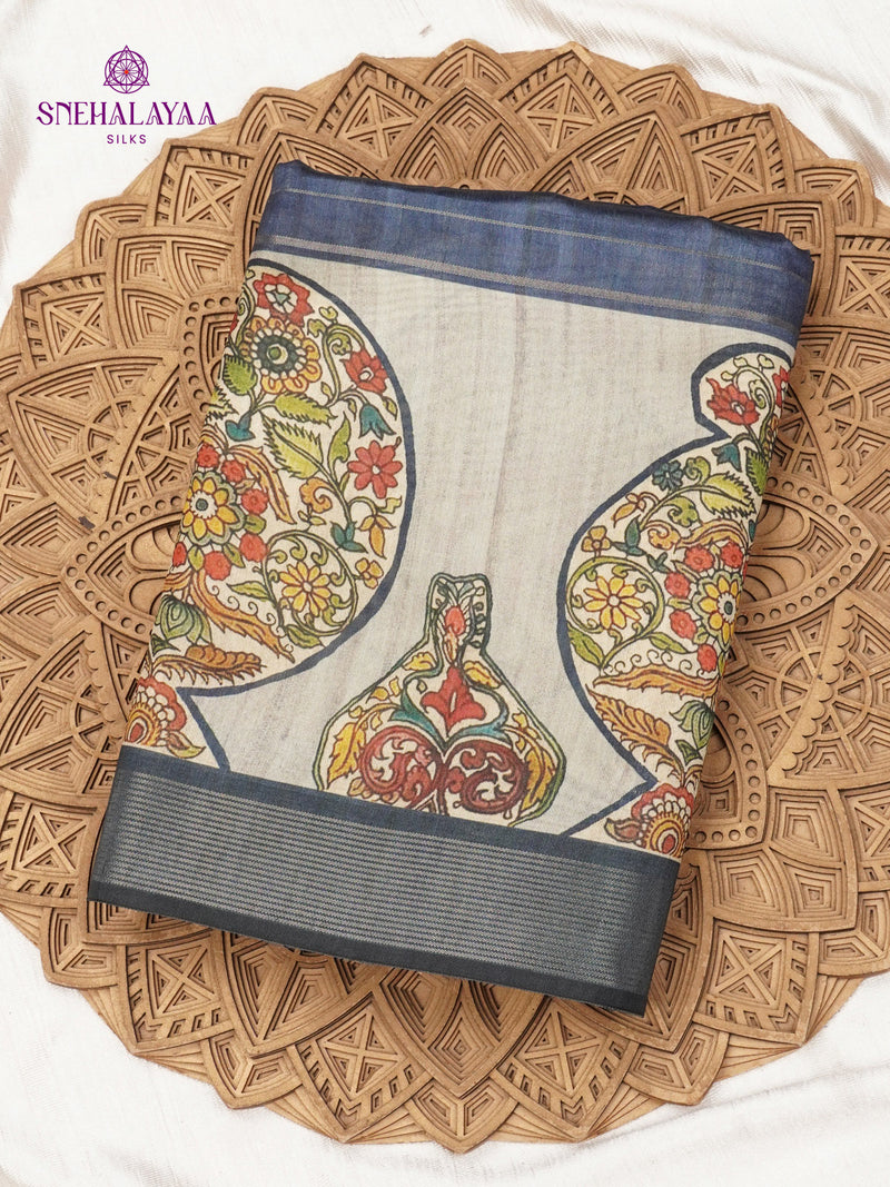 Navy Blue Floral Printed Tussar Saree