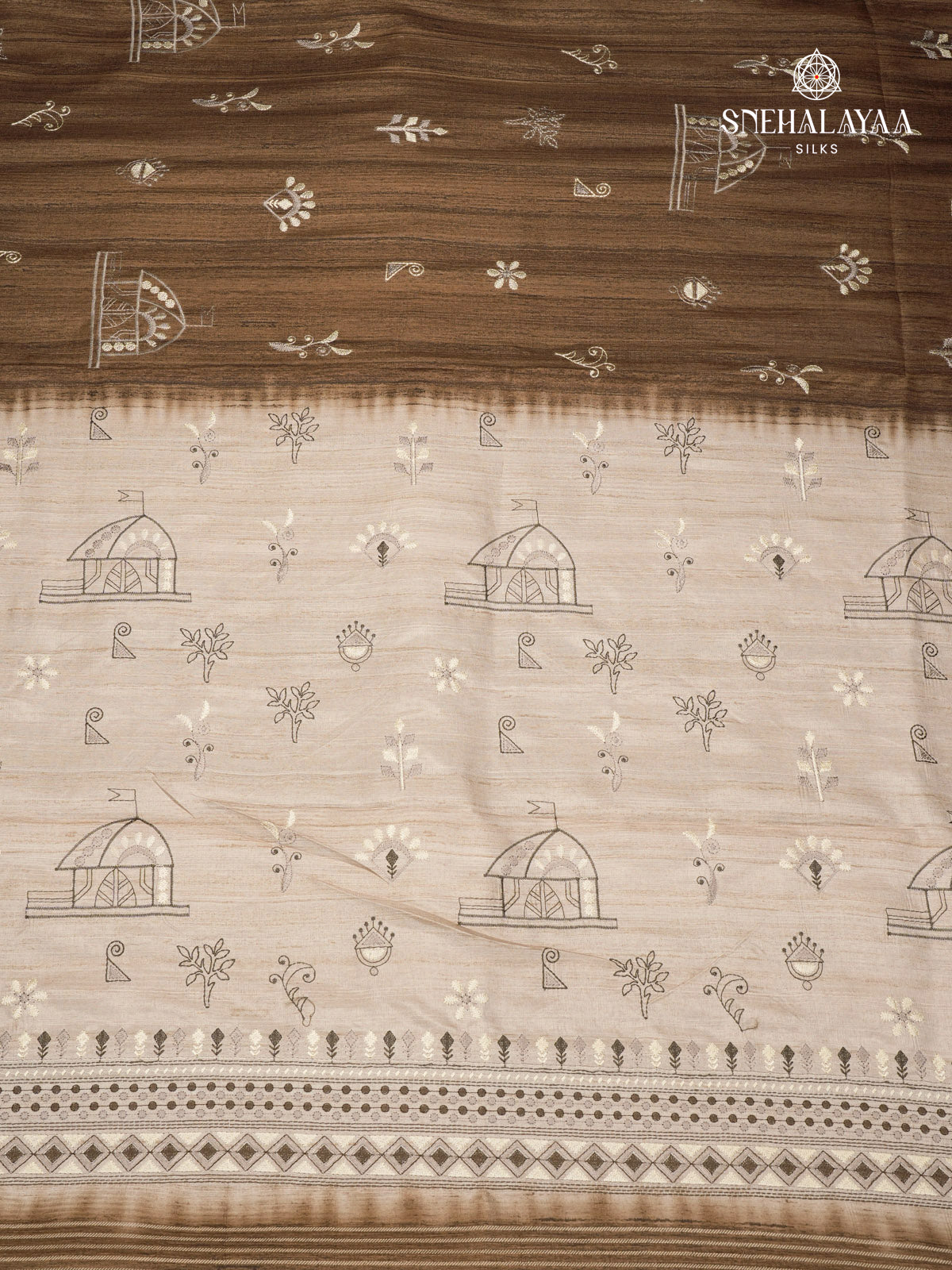 Brown Tussar Embroidery Saree