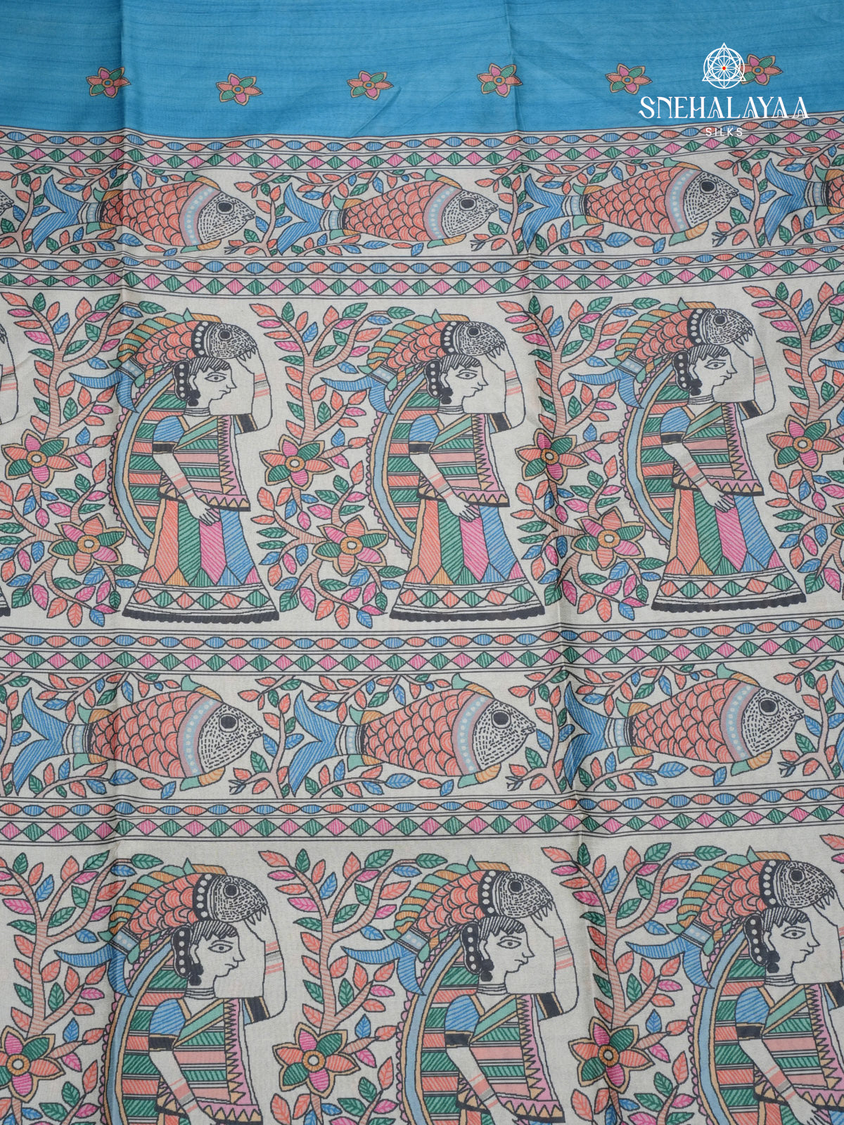 Turquoise Blue Madhubani Printed Saree