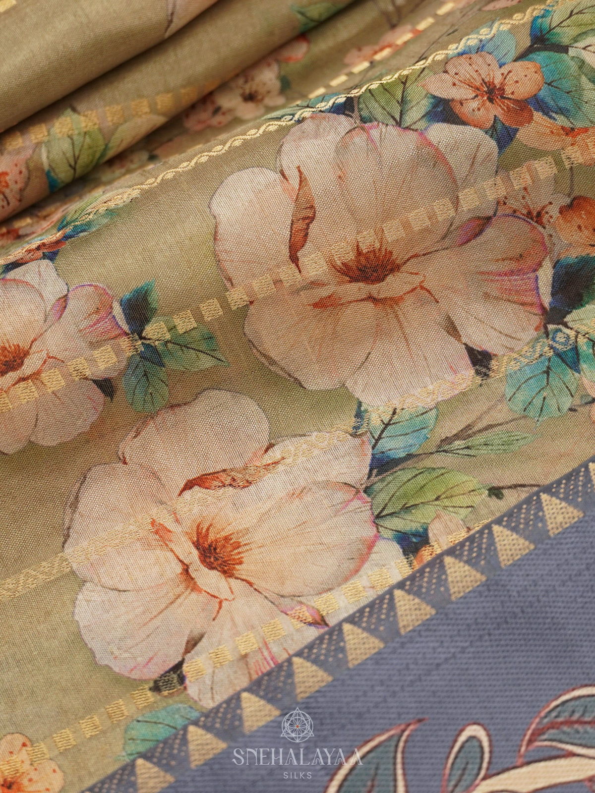 Olive Green Floral Printed Tussar Saree