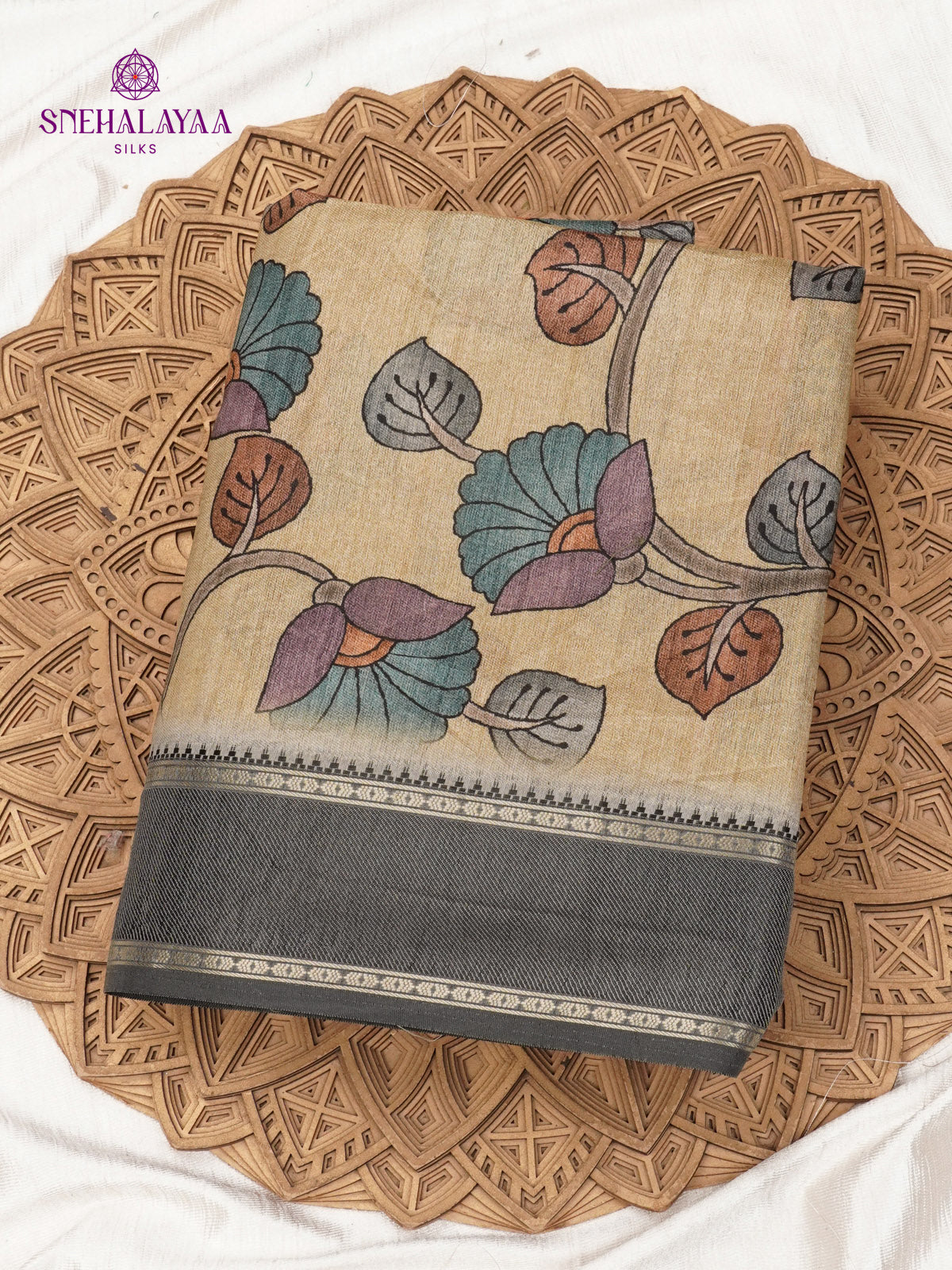 Beige Floral Printed Tussar Saree