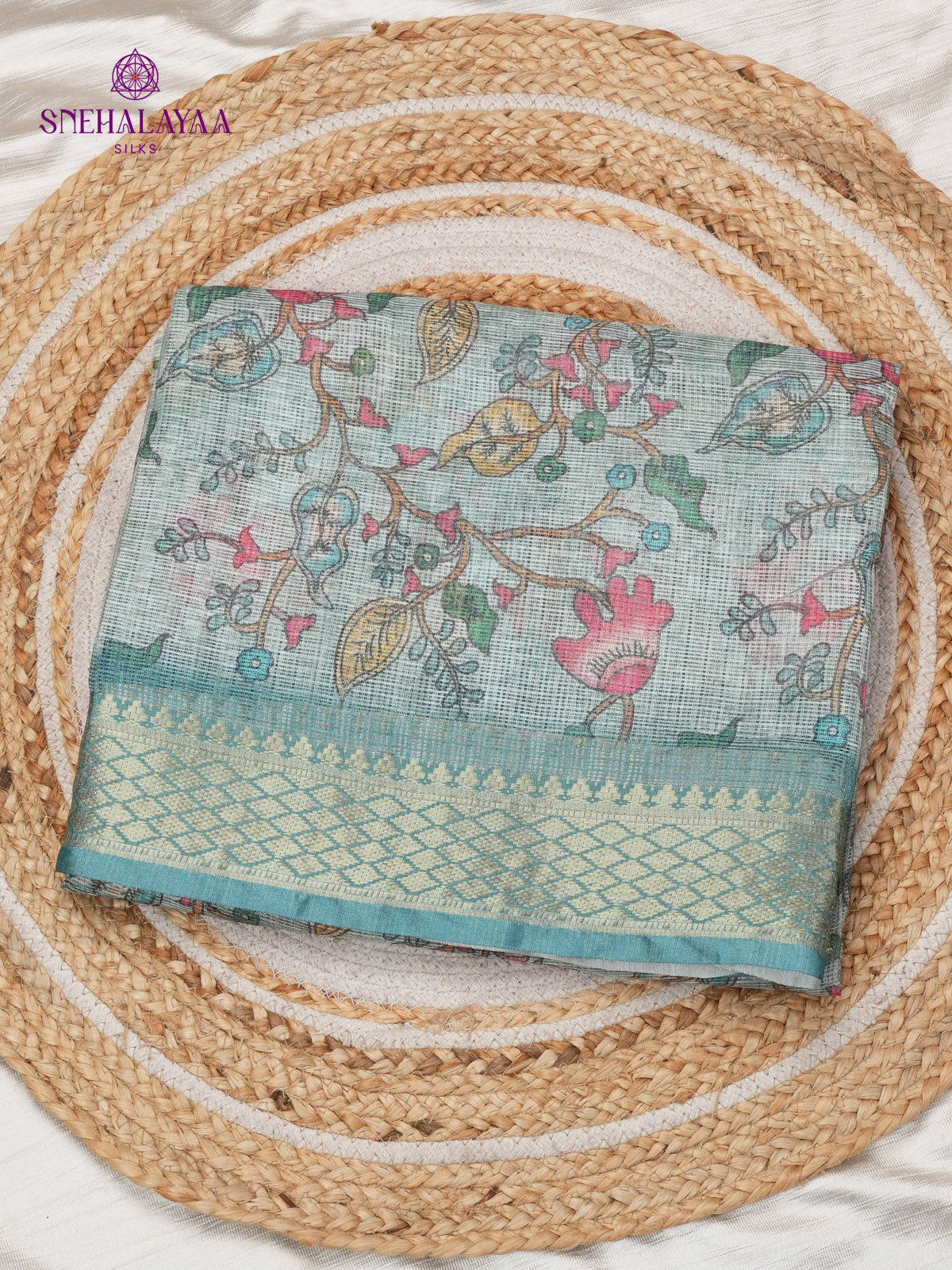 Pale Ble Printed Kota Saree