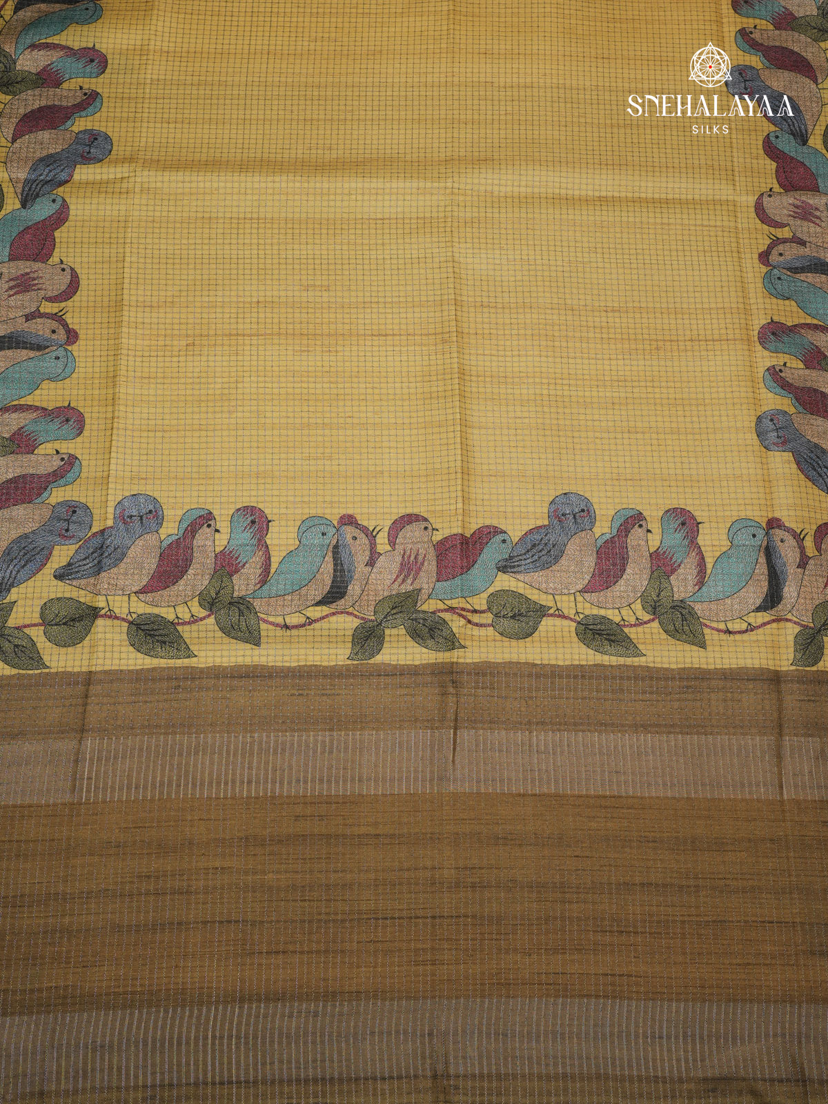 Golden Yellow Floral Printed Tussar Saree