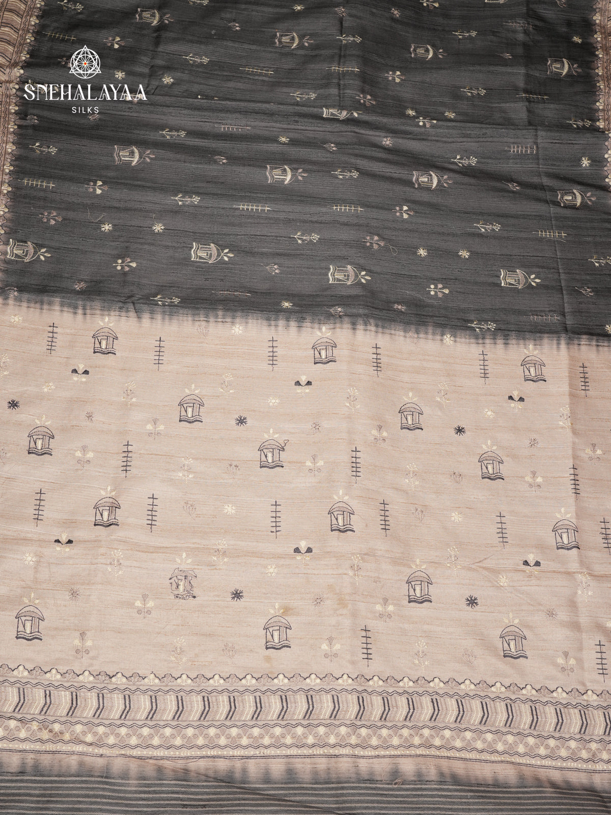 Grey Tussar Embroidery Saree