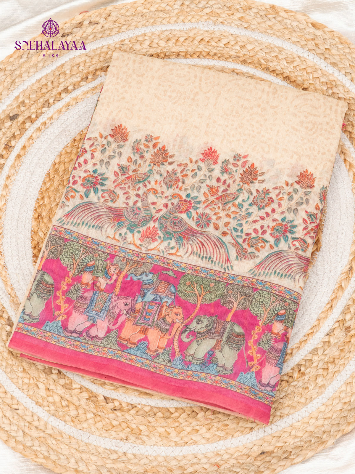 Cream With Pink border Linen Saree