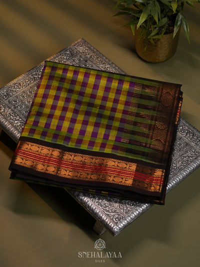 Olive Green Checks Kanchi Silk Cotton Saree