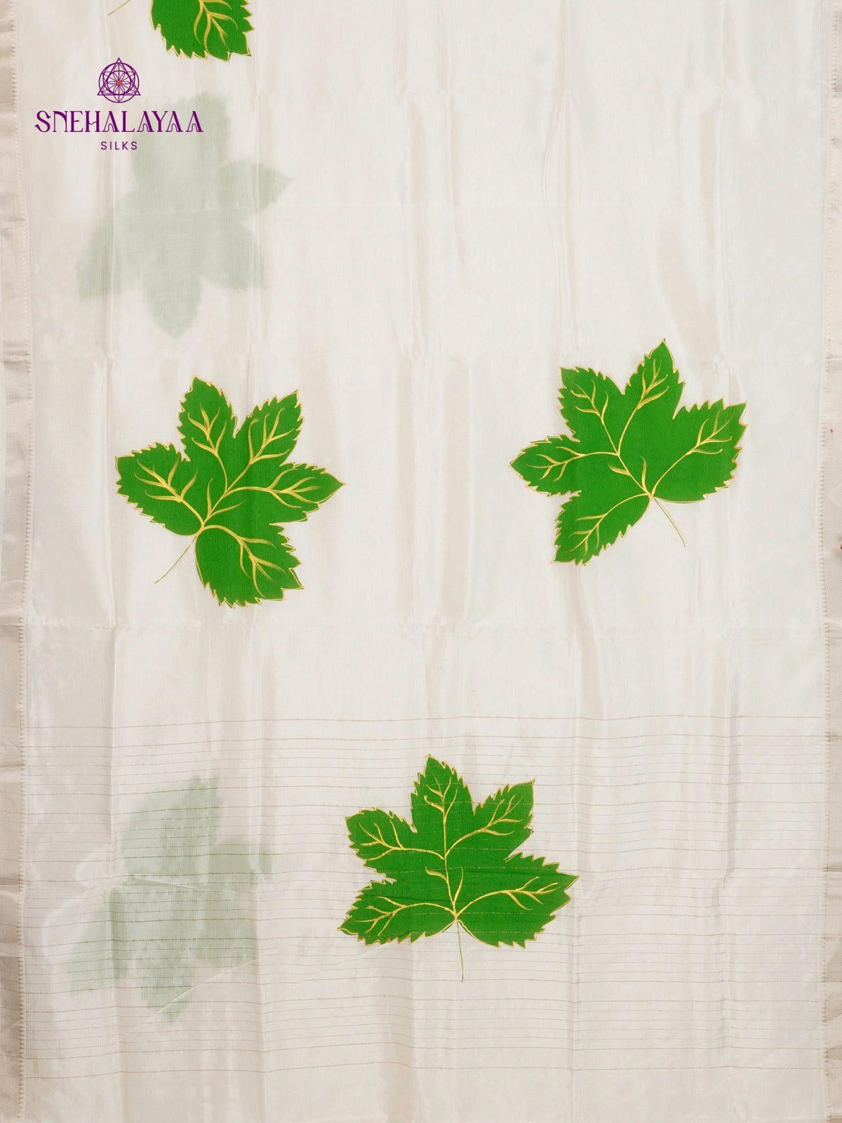 Off White Mangalagiri Silk Cotton Saree with Hand Painted Green Leaf Motifs