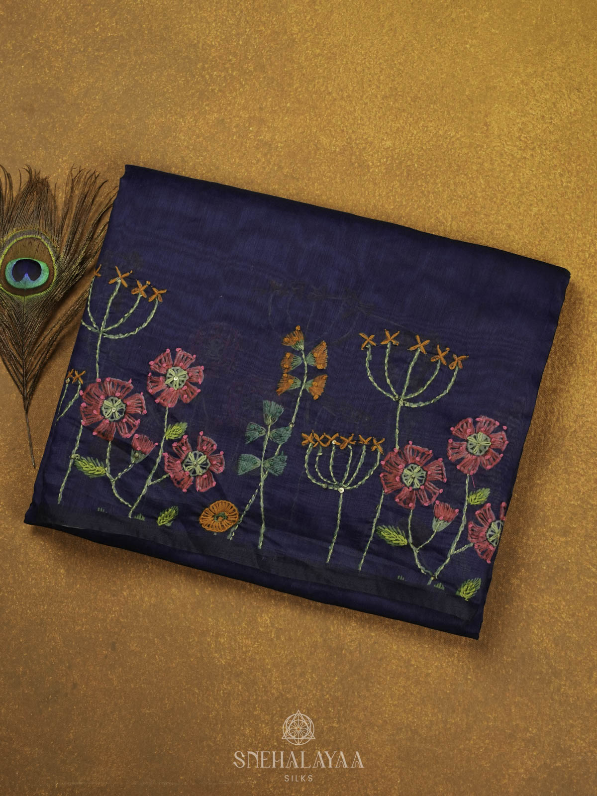 Navy Blue Linen Embroidery Saree