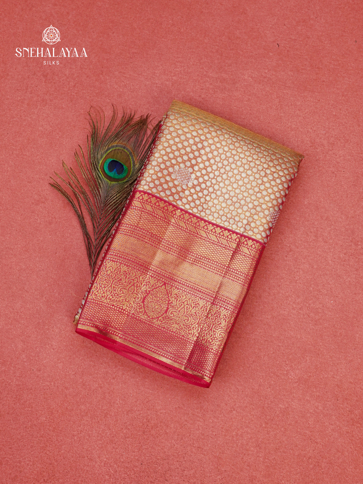 Golden Beige Pure Kanchipuram Silk Saree with Red Zari Border