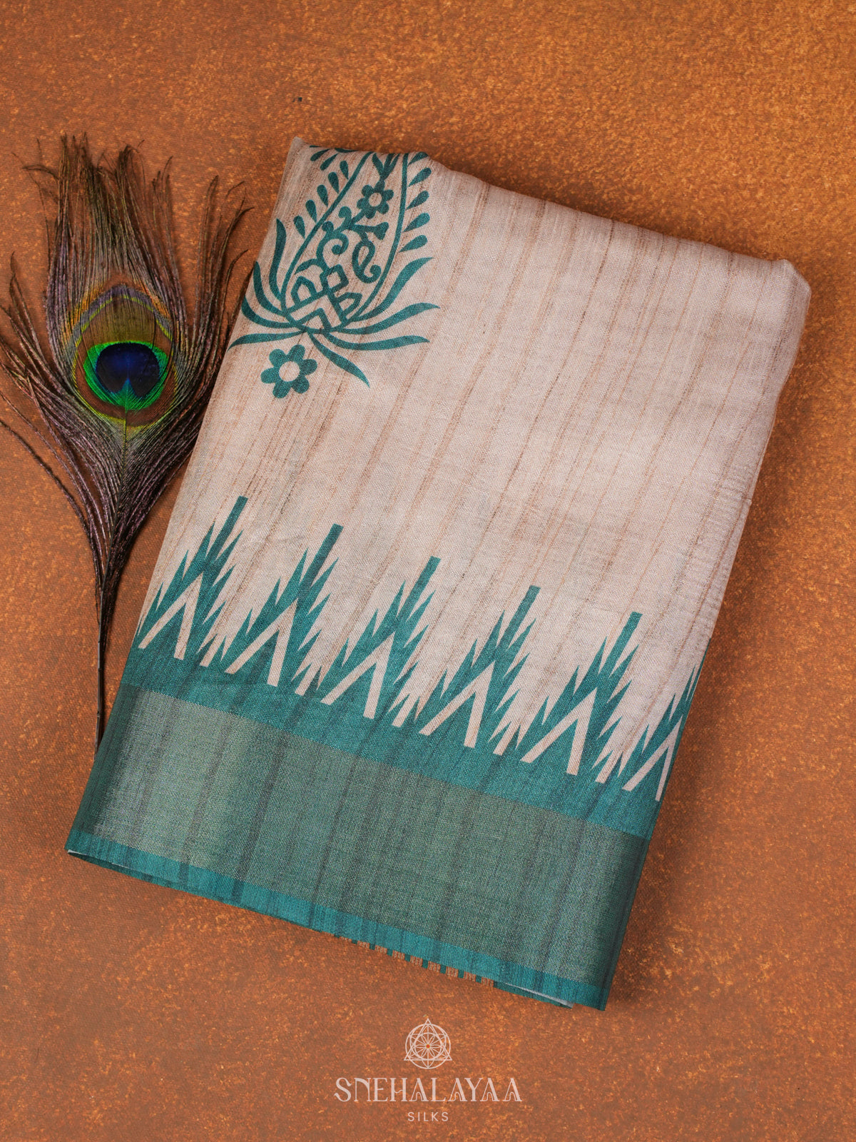 Beige with Peacock Blue Border Tussar Saree