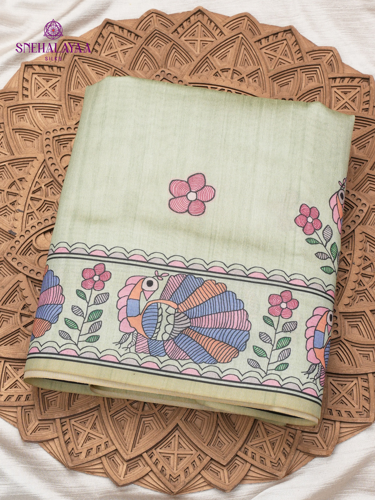 Pista Green Madhubani Printed Saree