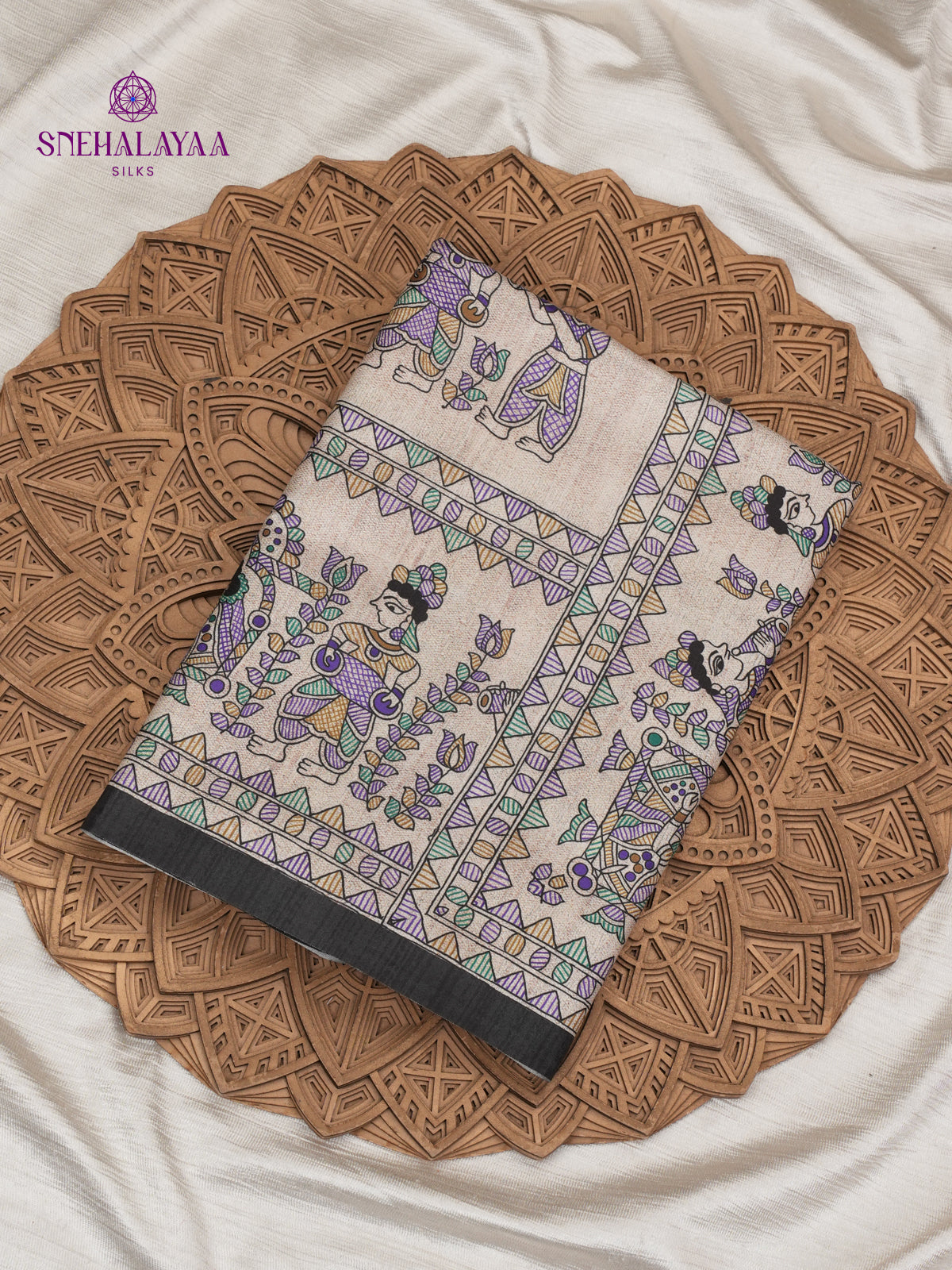 Beige with Black Border Madhubani Saree