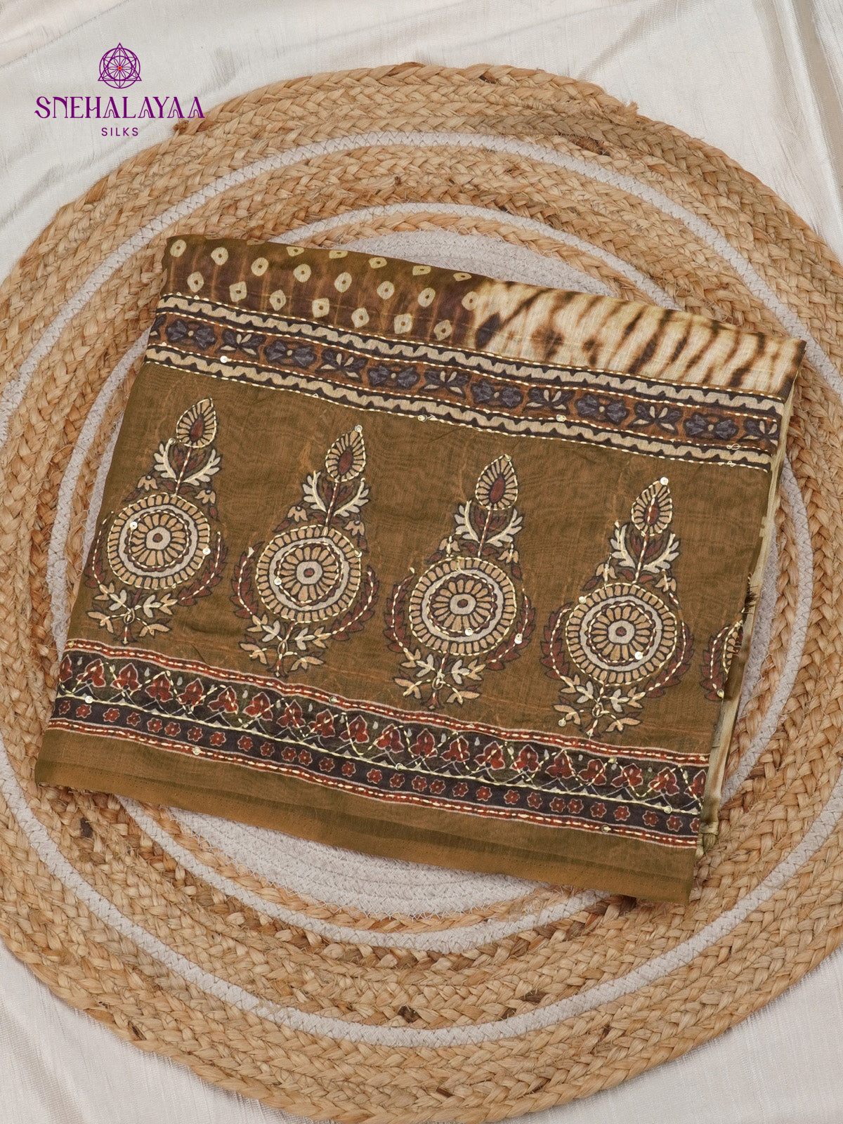 Olive Green Linen Embroidery Saree