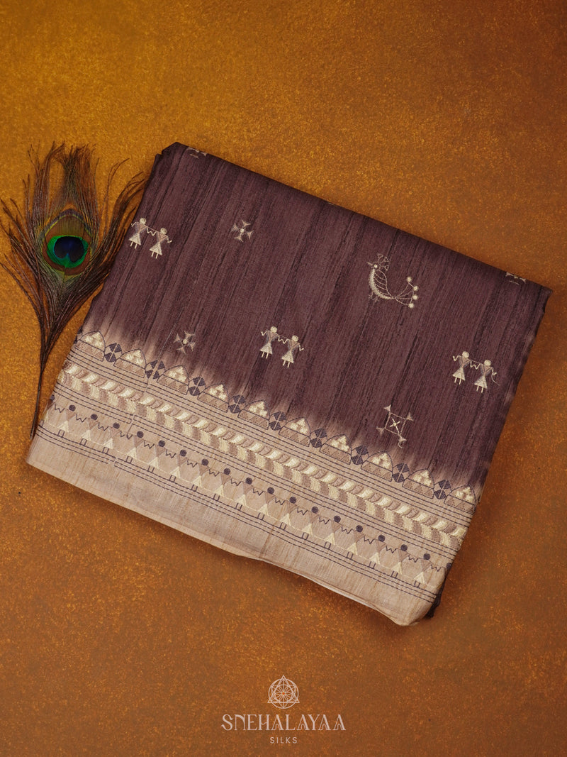 Brown Tussar Embroidery Saree