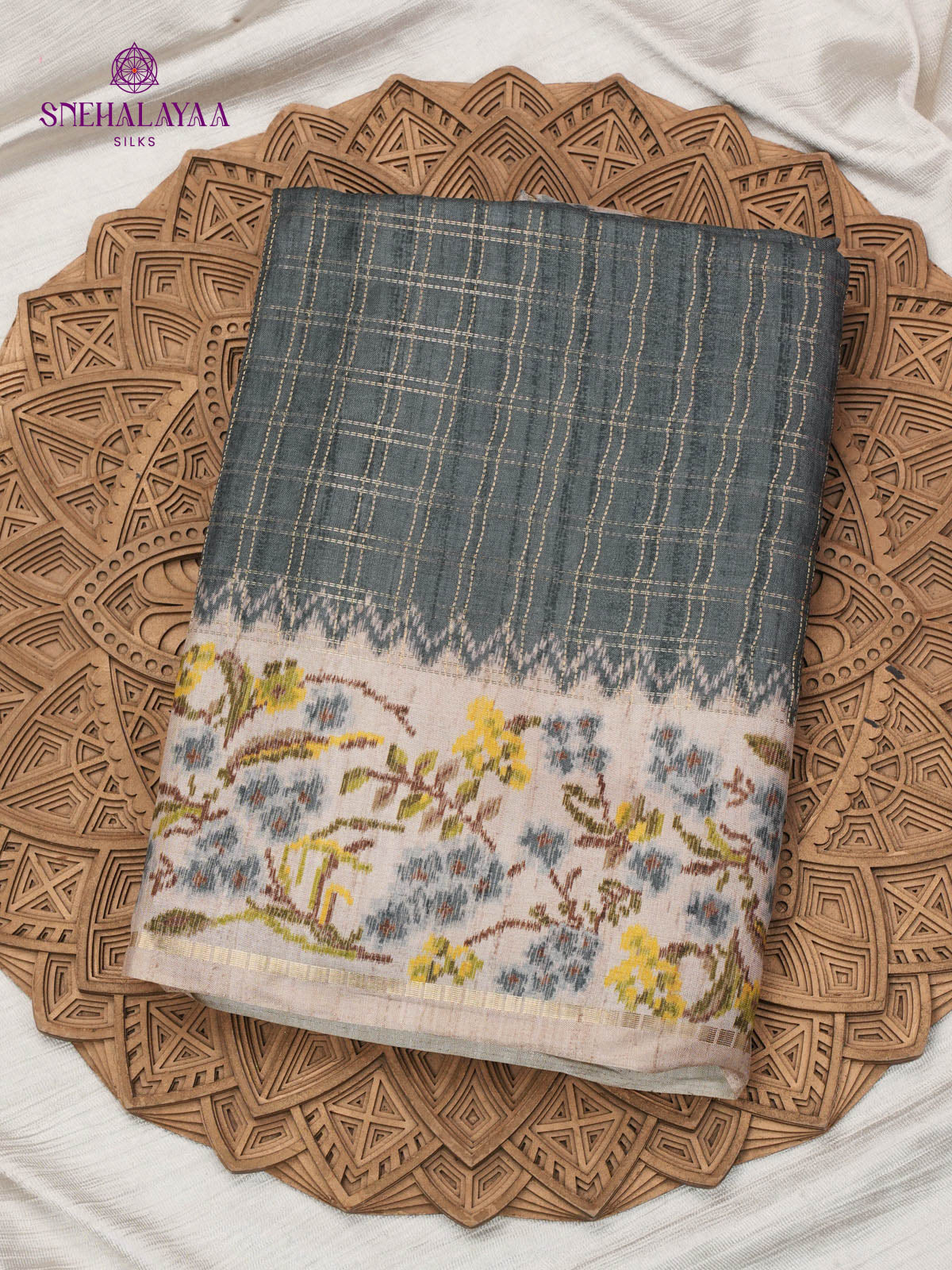 Grey Floral Printed Tussar Saree