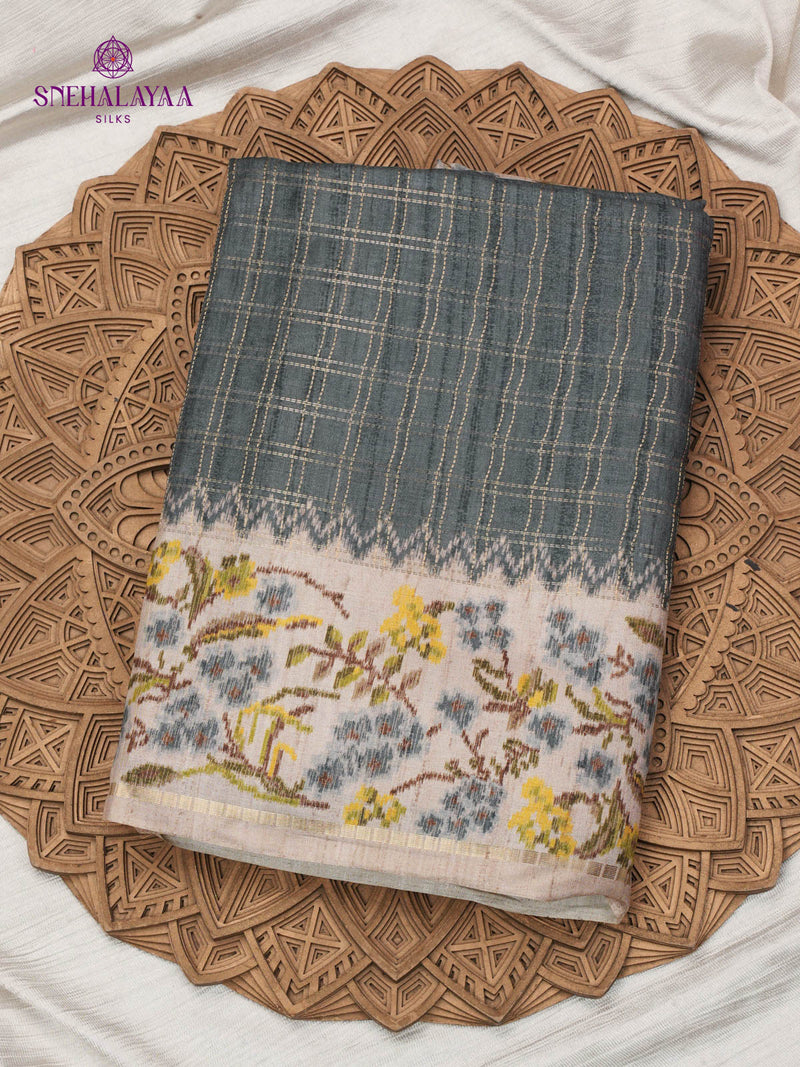 Grey Floral Printed Tussar Saree