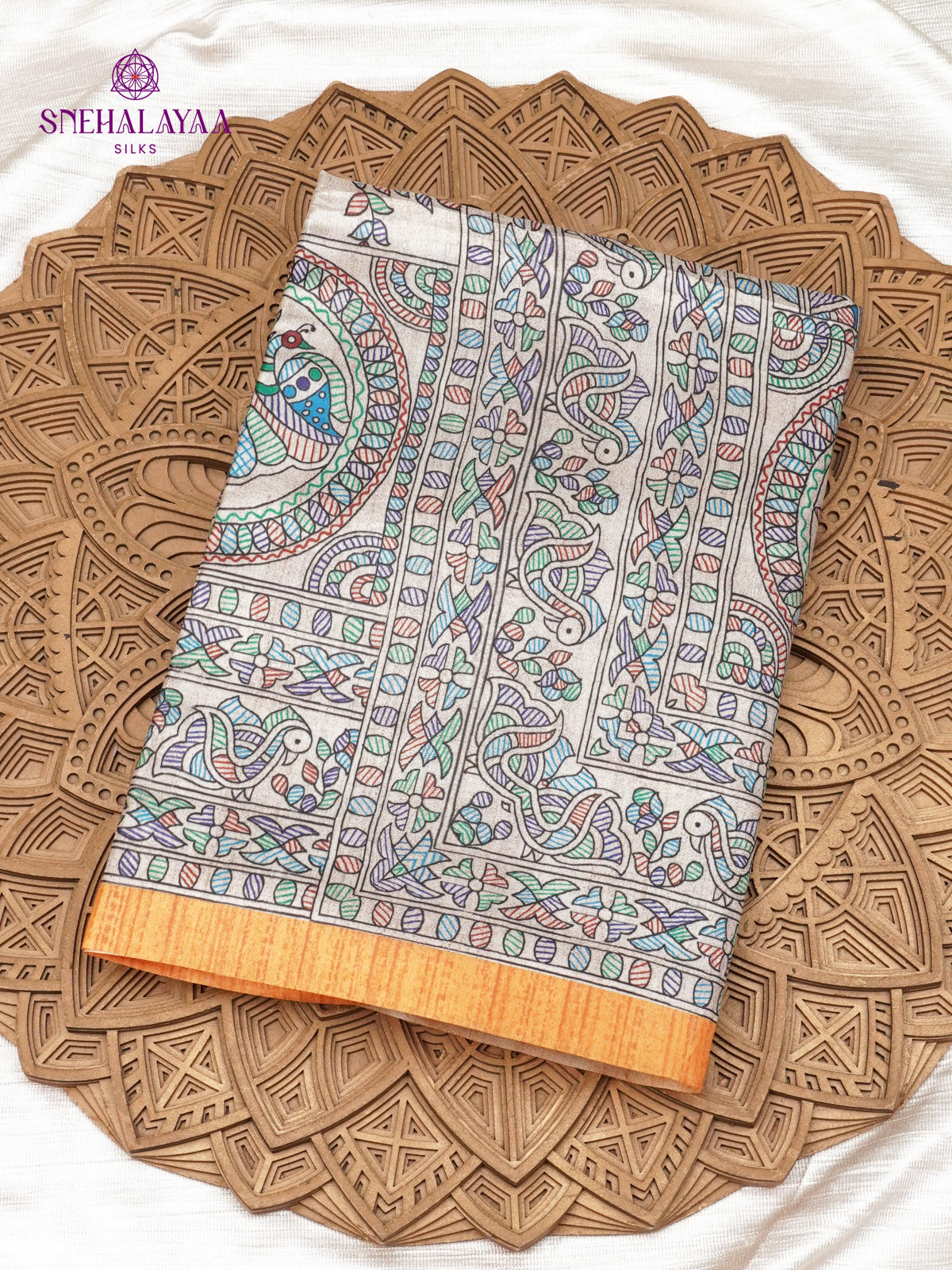 Beige With Yellow Border Madhubani Saree