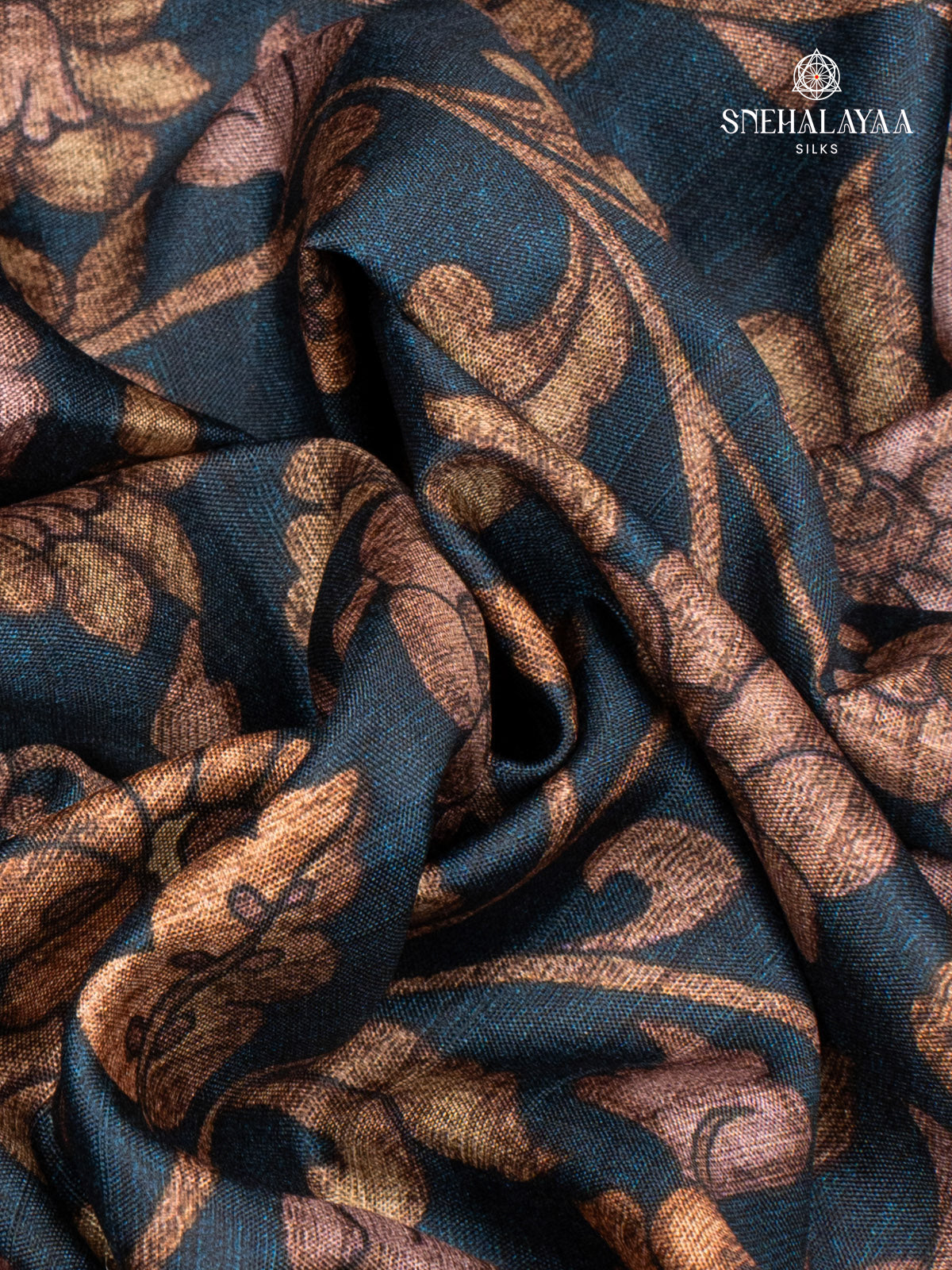 Navy Blue Printed Tussar Saree