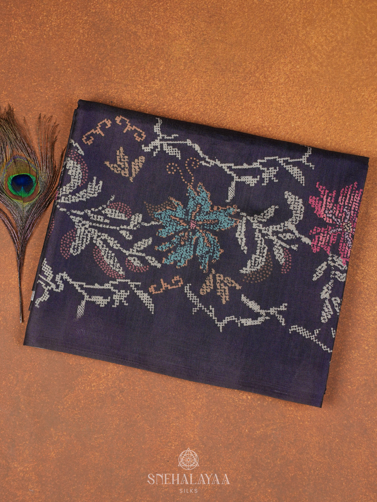 Purple Floral Printed Tussar Saree