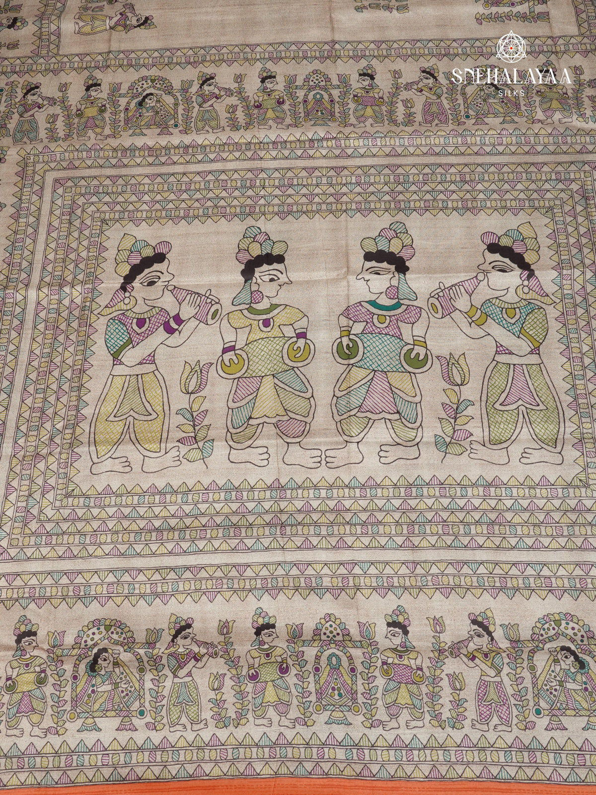 Beige With Orange Border Madhubani Saree