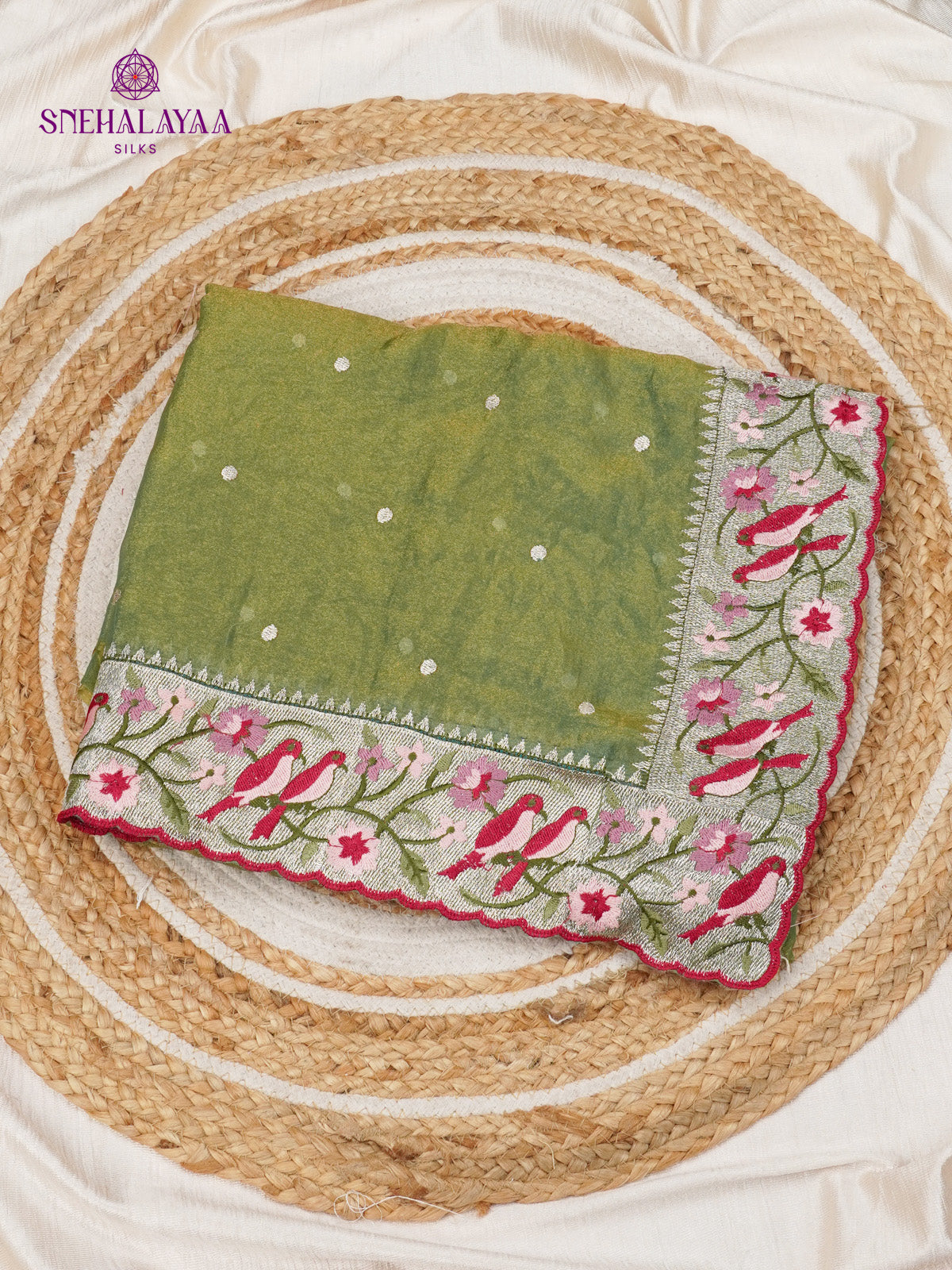 Olive Green Embroidery Designer Saree