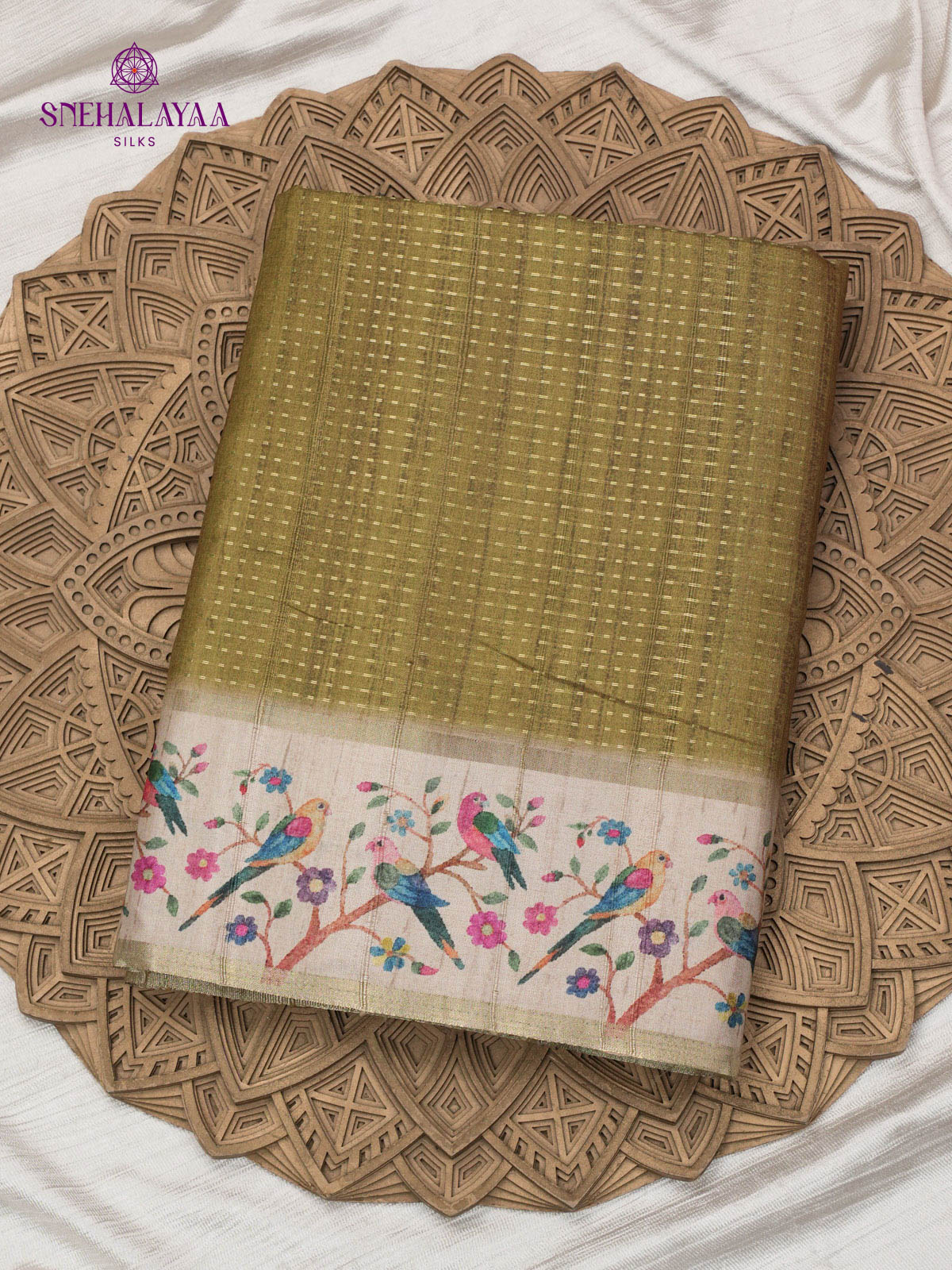Olive Green Printed Tussar Saree