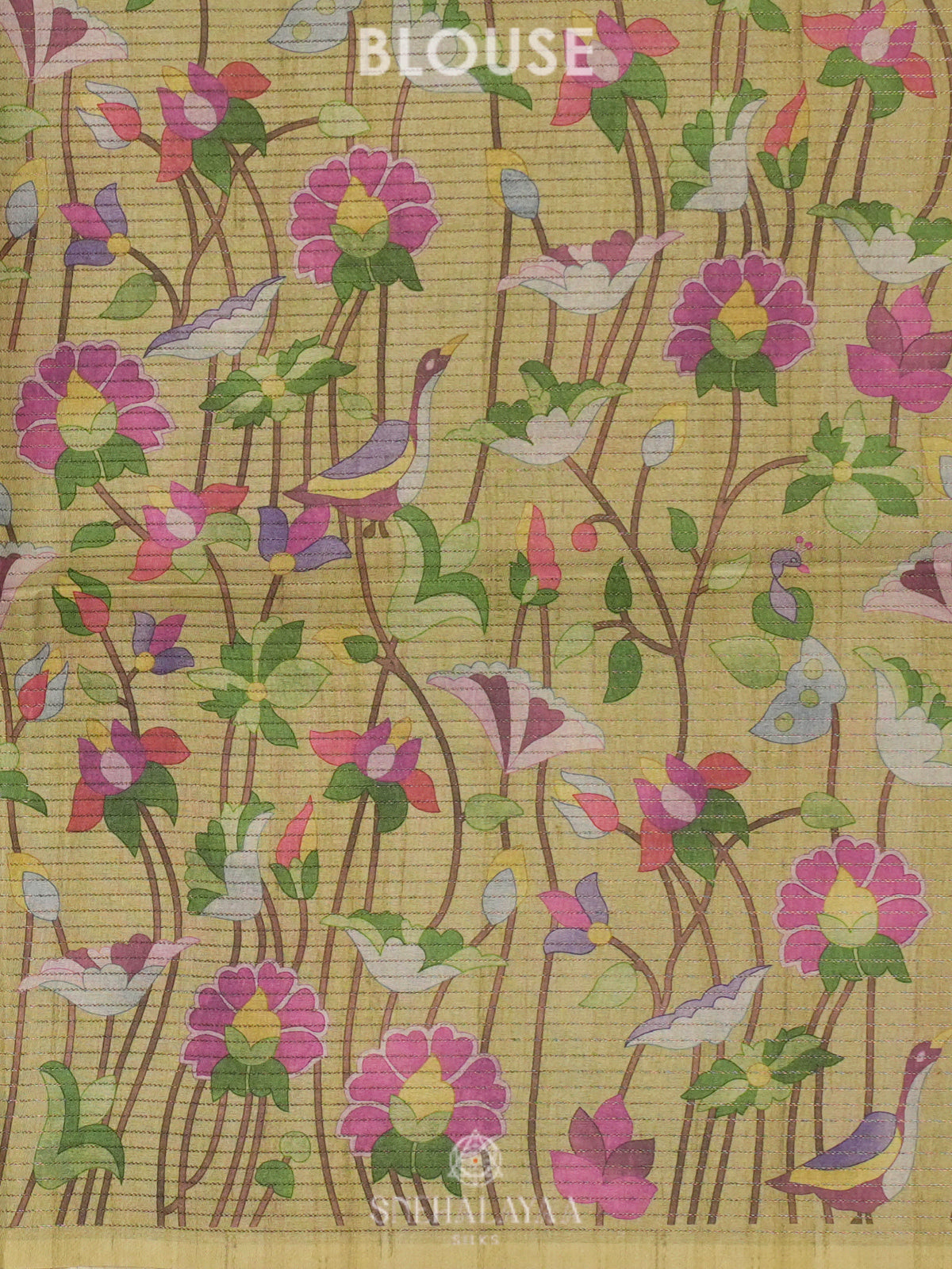 Pale Yellow Tussar Saree with Floral Prints