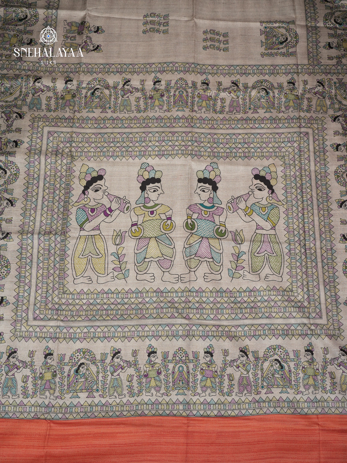 Beige With Orange Border Madhubani Saree