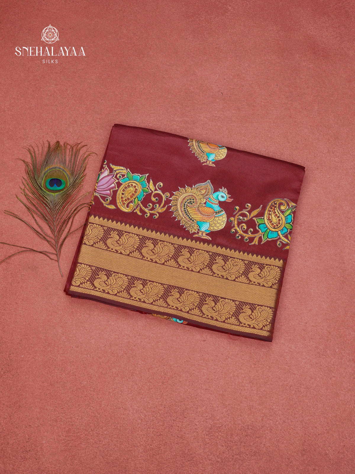 Maroon Mangalagiri Silk Cotton Saree with Tanjore Art Print