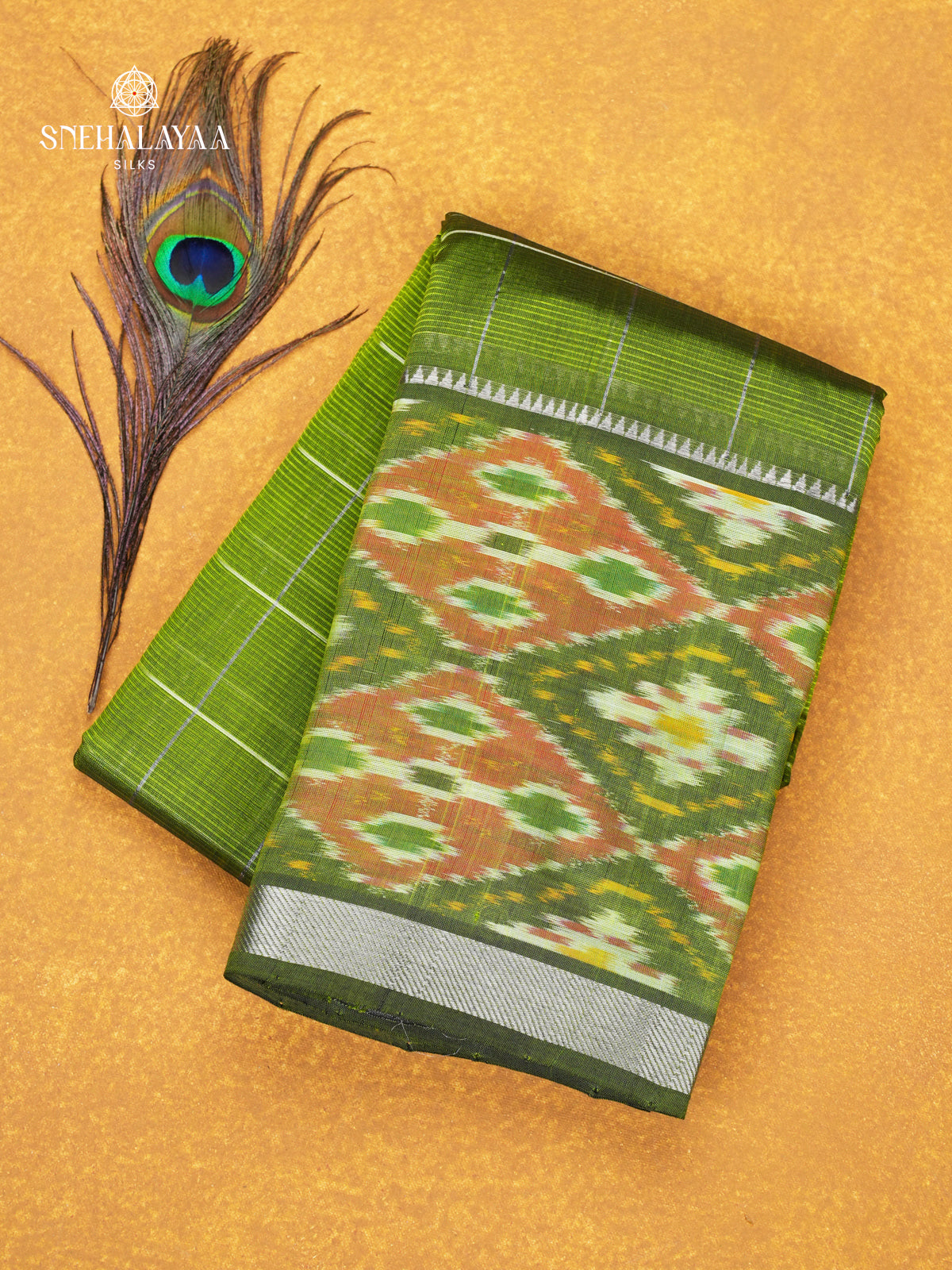Green Mangalagiri Silk Cotton Saree with Ikat Border