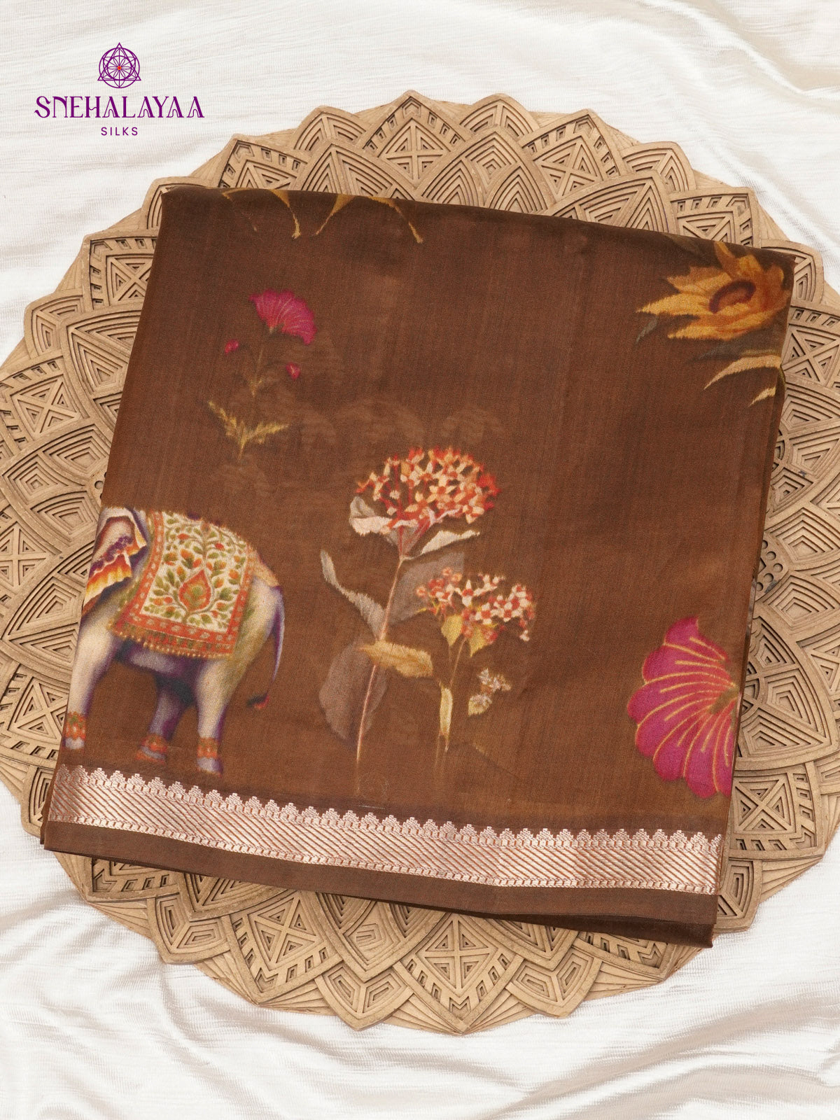 Brown Chiniya Silk Saree