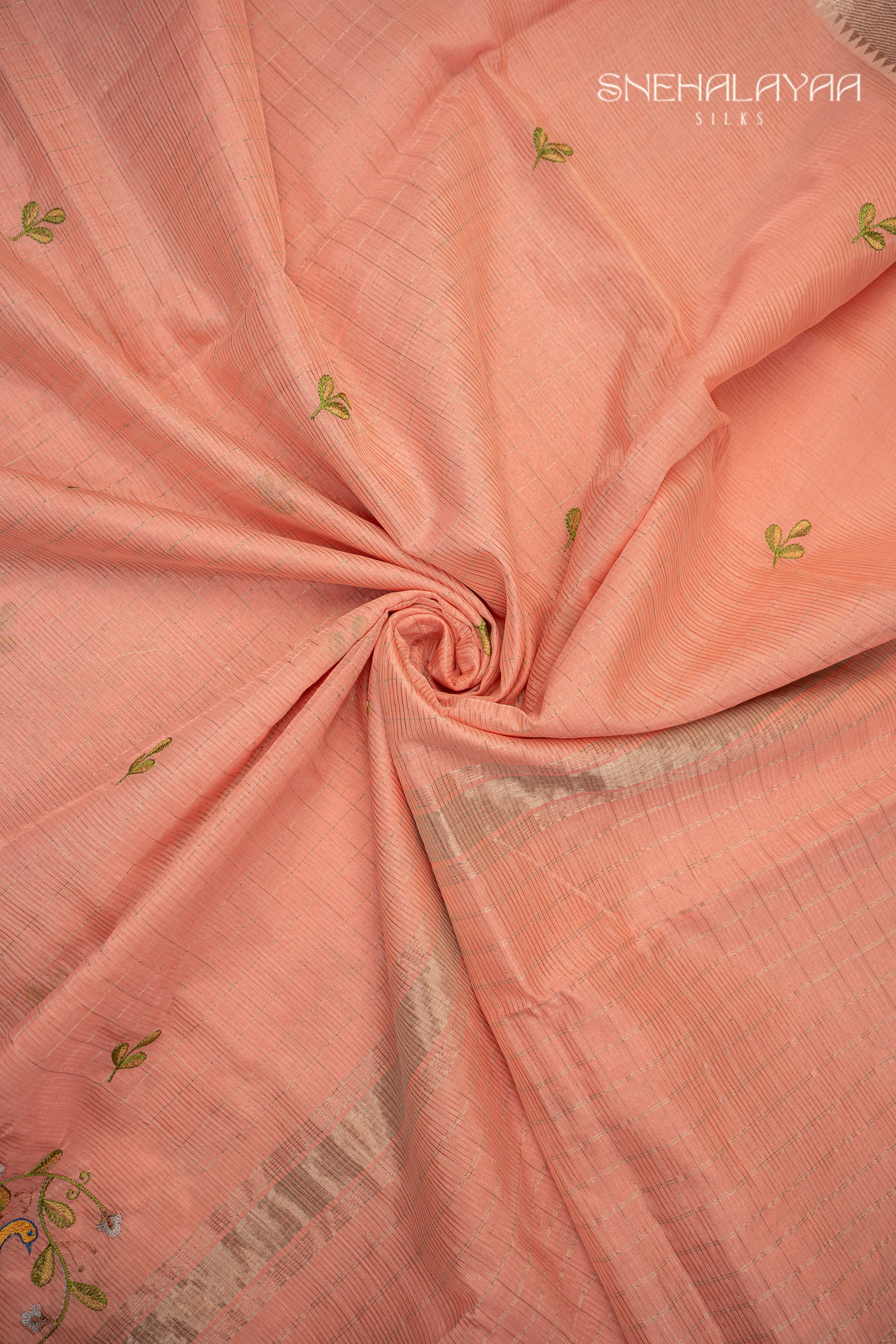 Salmon Pink Mangalgiri Embroidery Saree