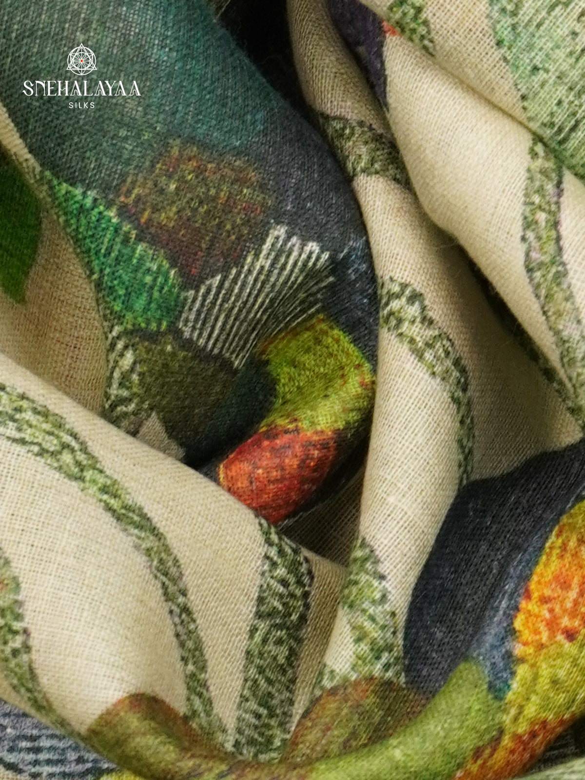 Off White Printed Linen Cotton Saree