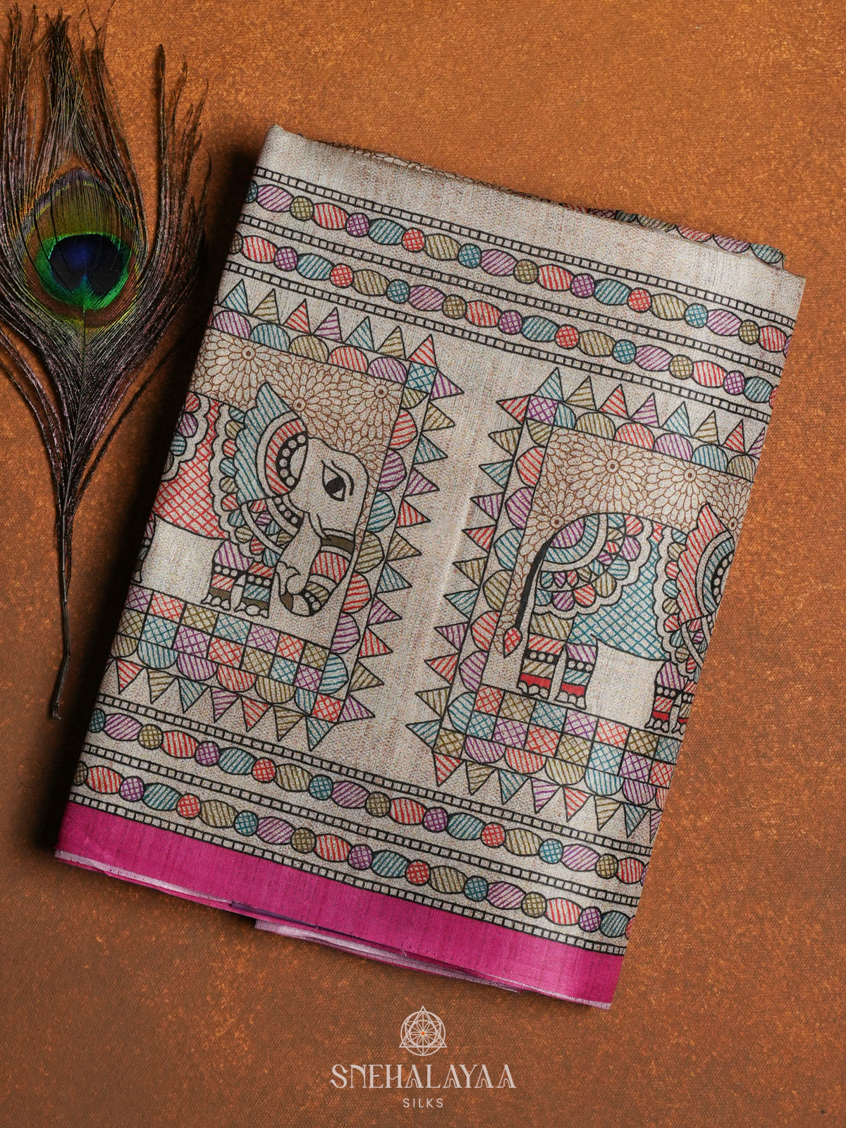 Beige Madhubani Printed Saree with Pink Border