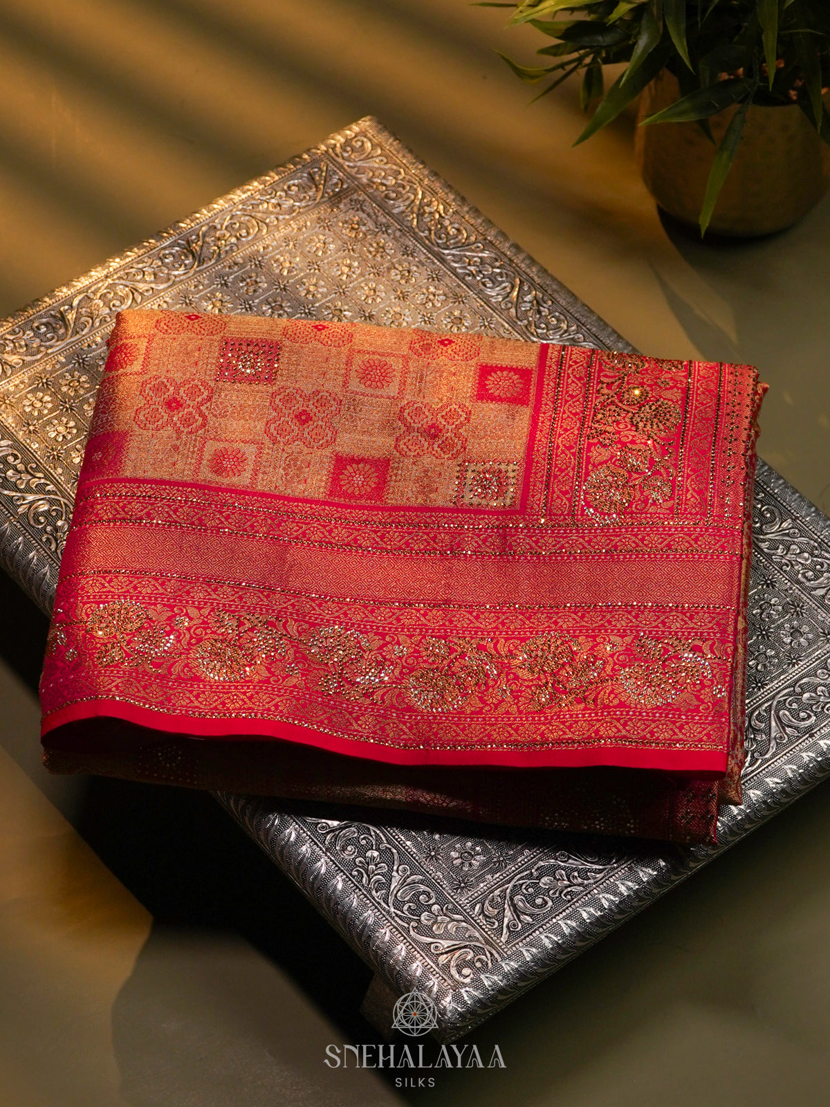 Orange Banaras Designer Saree with Pink Border