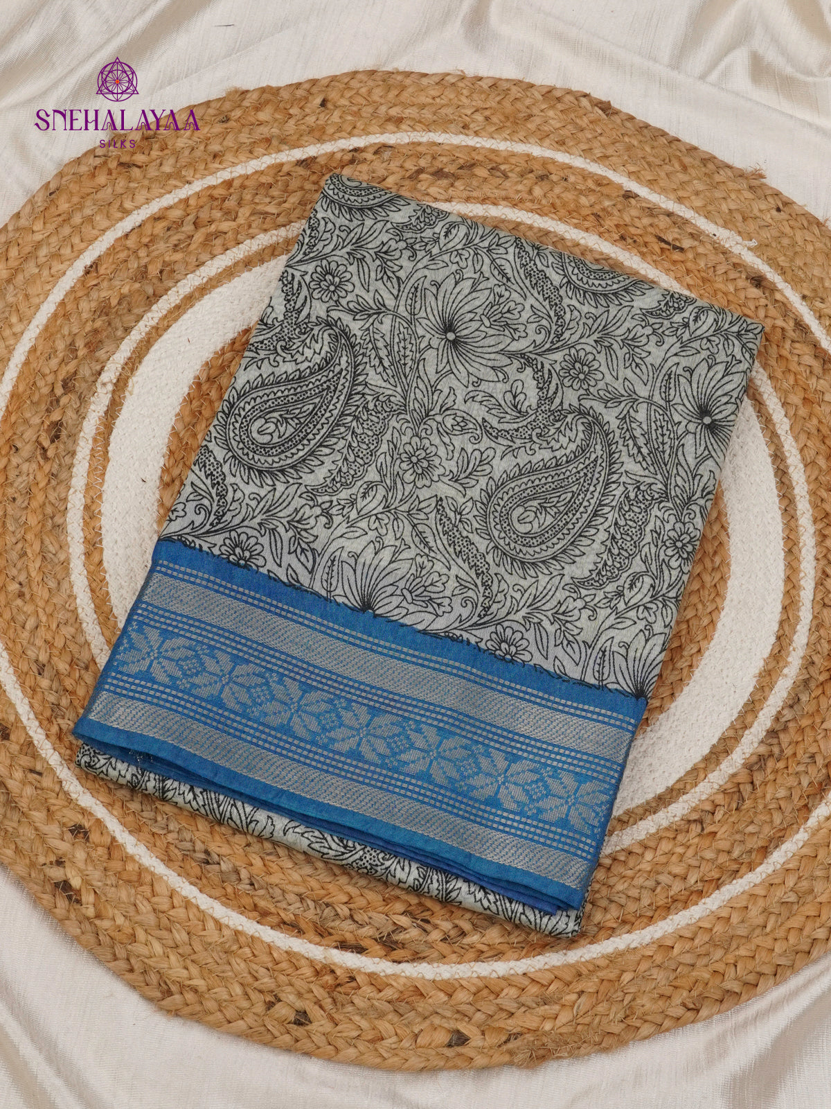 Off-White Kalamkari Saree with Blue Woven Border