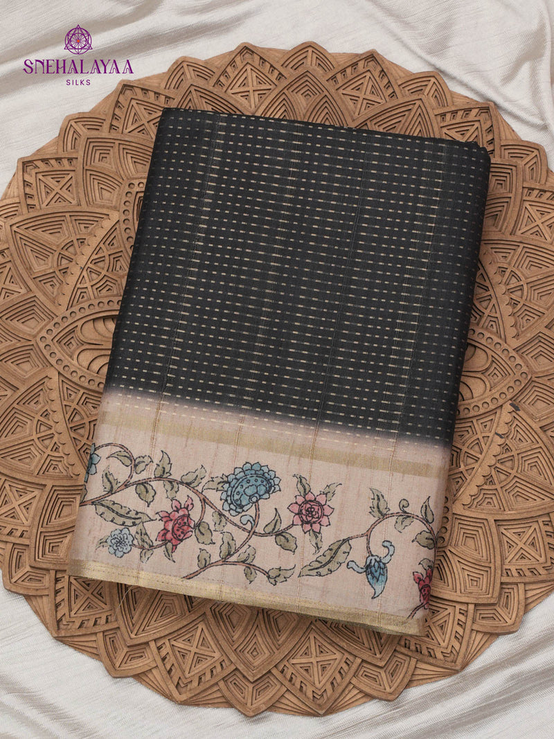 Black Floral Printed Tussar Saree