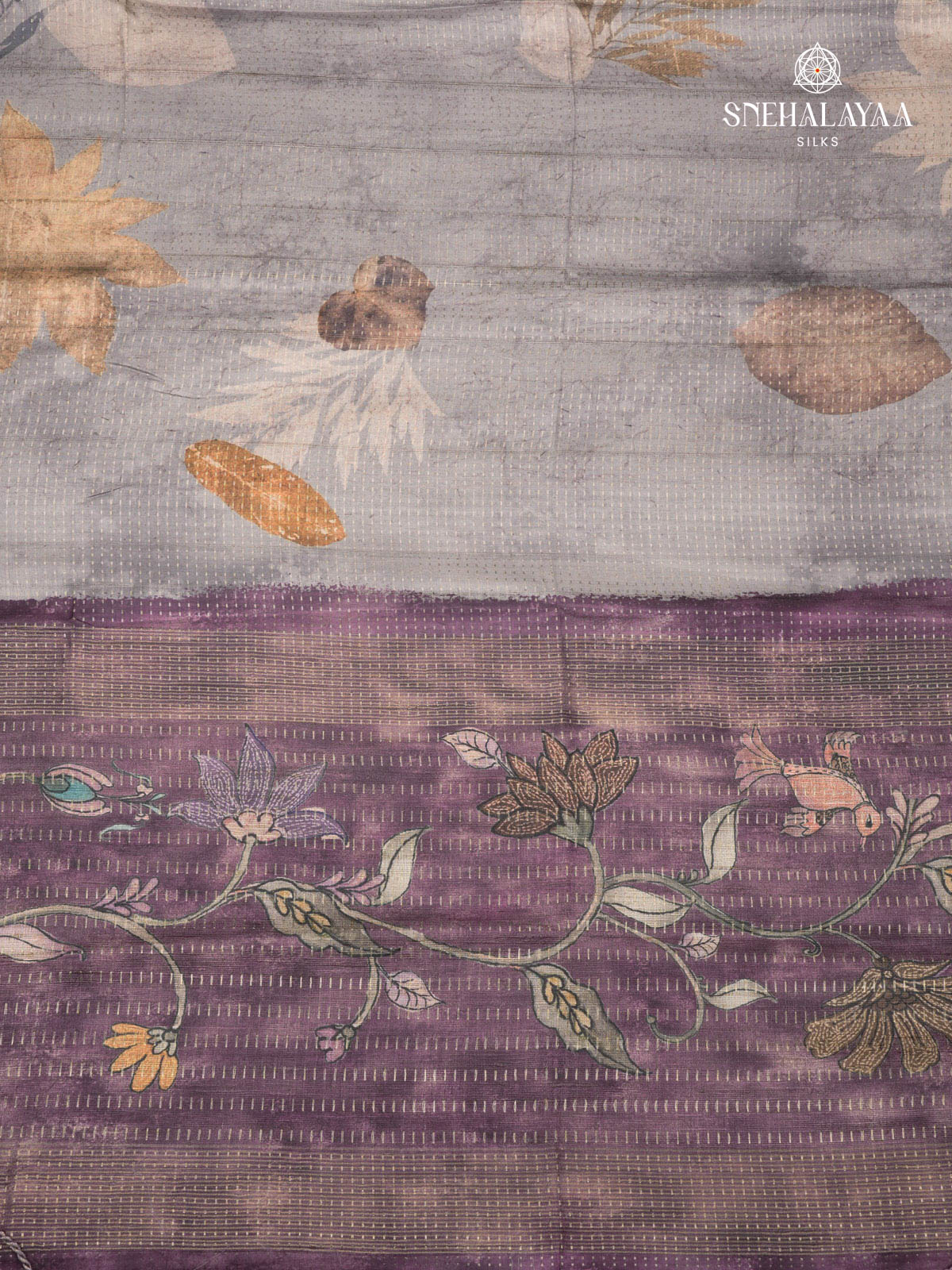 Grey Floral Printed Tussar Saree