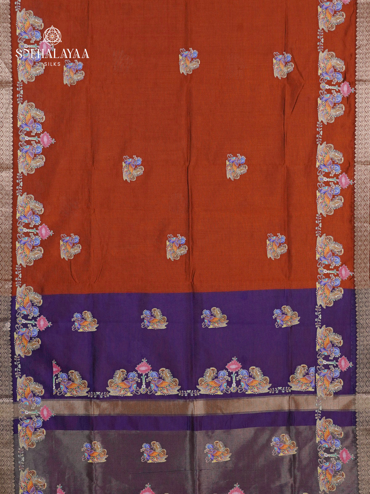 Rust Orange Mangalagiri Silk Cotton Saree with Tanjore Art Print