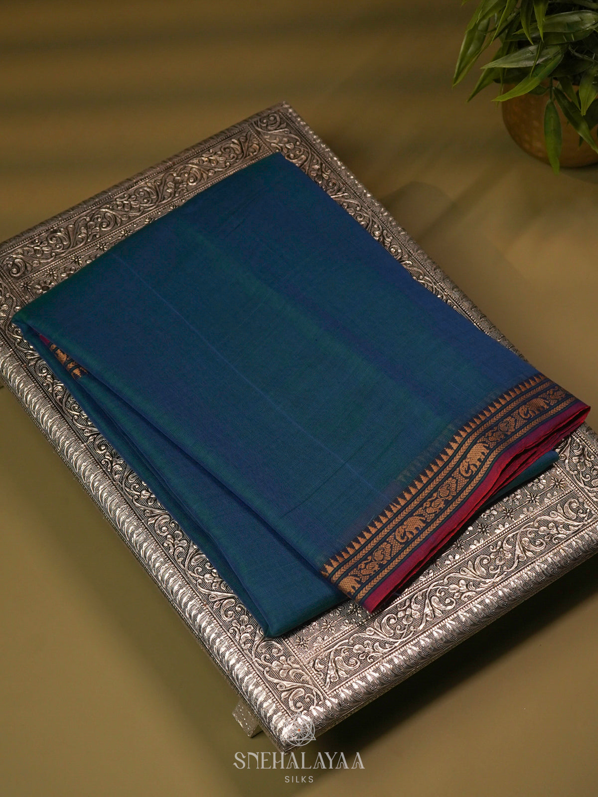 Peacock Blue Narayanpet Cotton Saree without Blouse
