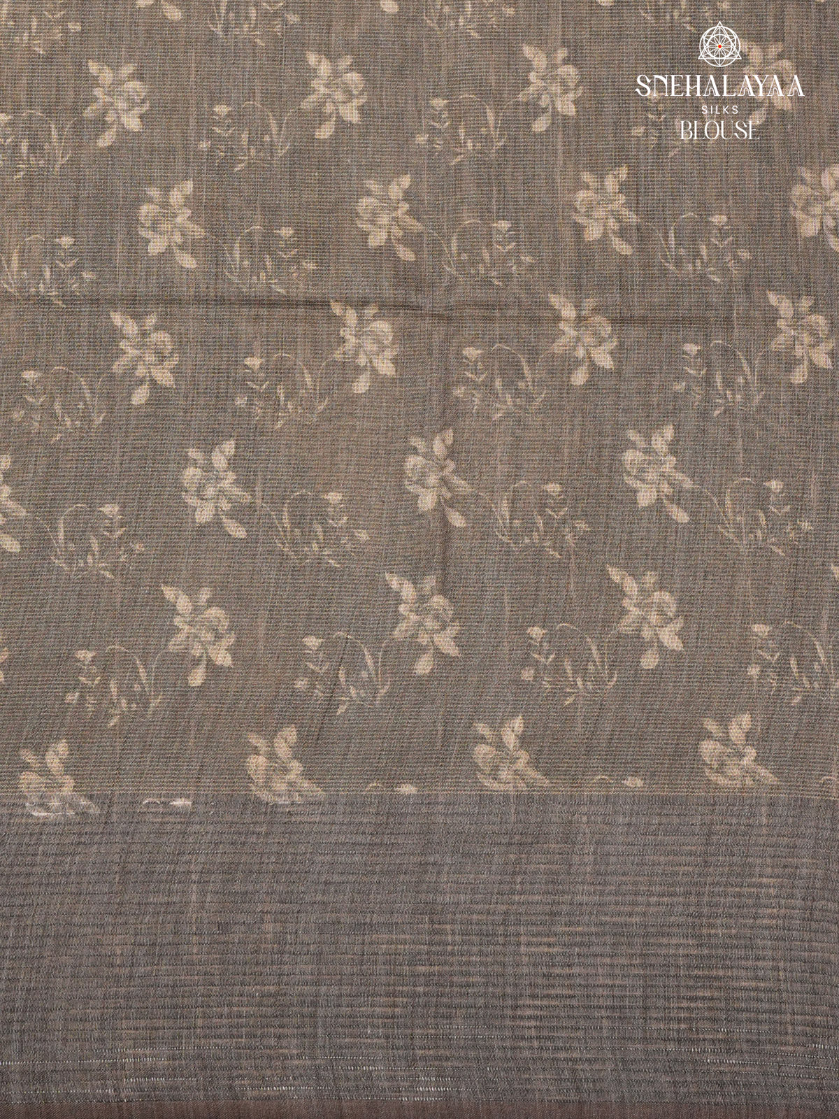 Brown Floral Printed Tussar Saree
